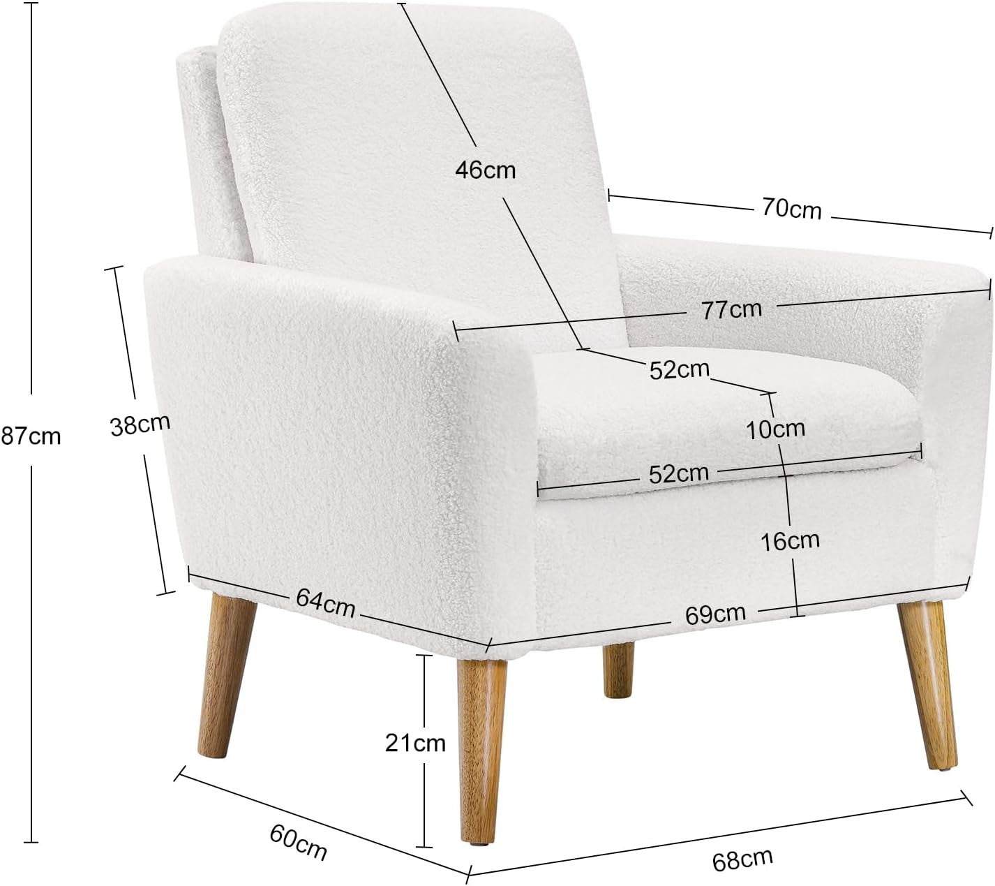 White Lounge Armchair Upholstered with Wood Legs for Living Room Bedroom