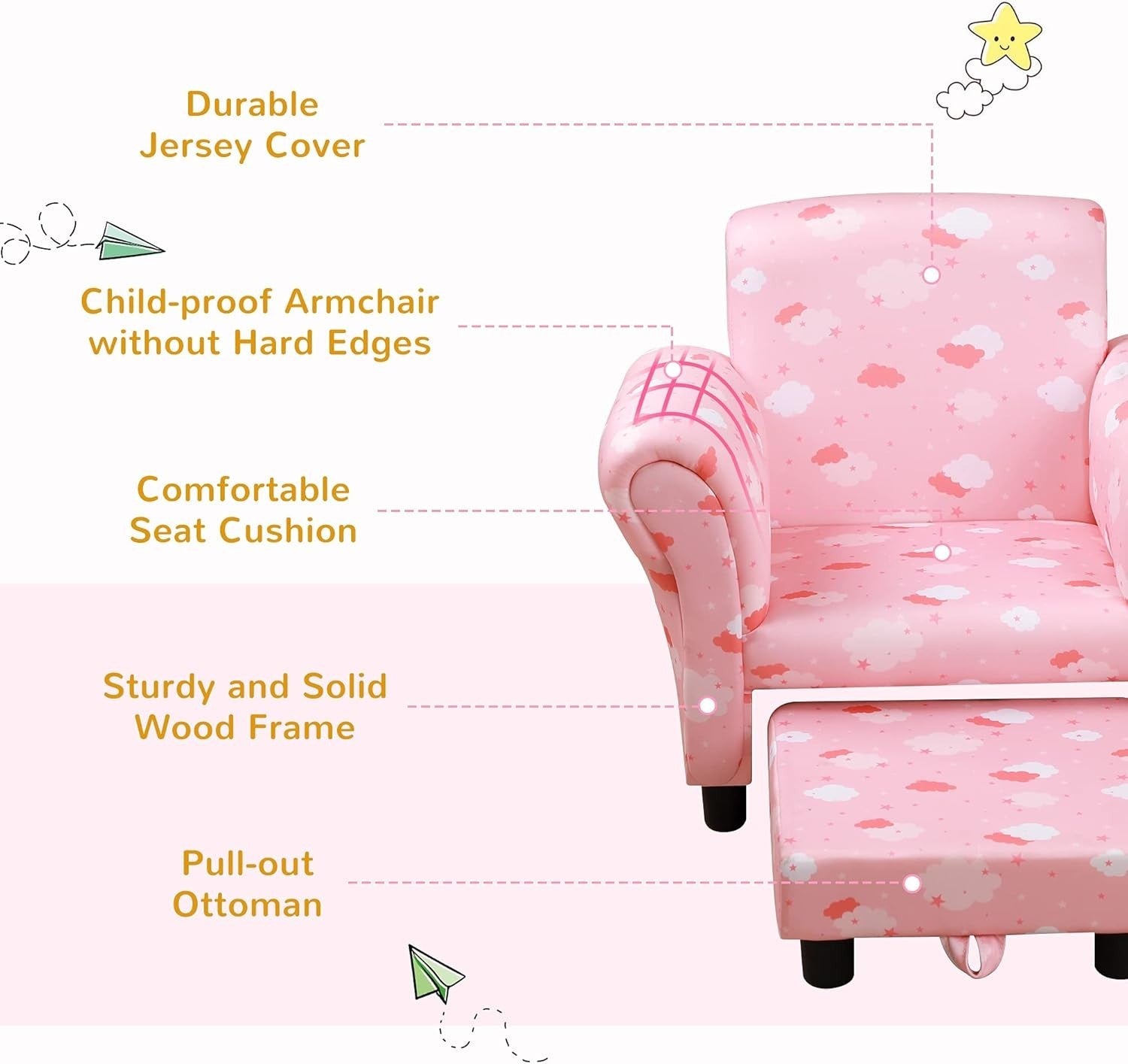 Toddler Armchair with Footrest Kids Sofa Chair Pink Cloud Star Design 18-36M