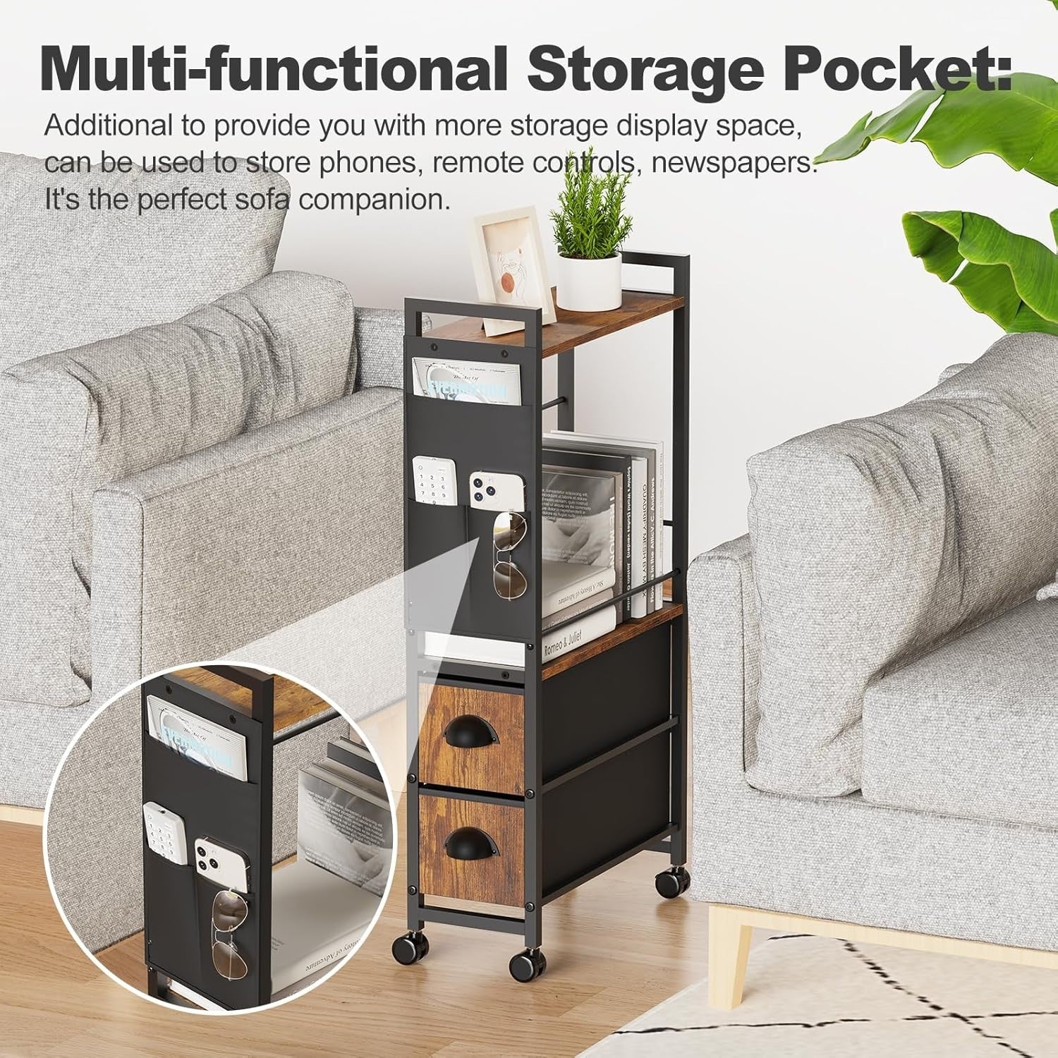 Retro Black Narrow Side Table 42x20x80 cm | Slim Nightstand w/ Drawers & Storage