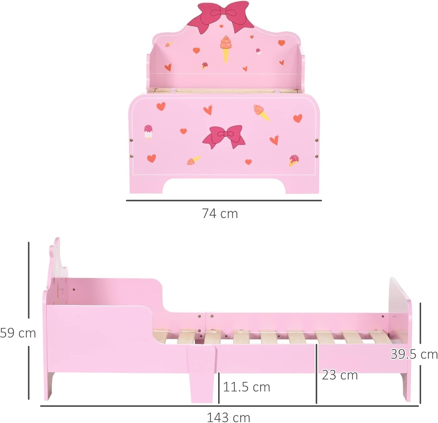 Kids Toddler Bed with Safety Rails Wooden Low Frame Girls Bedroom Princess Pink