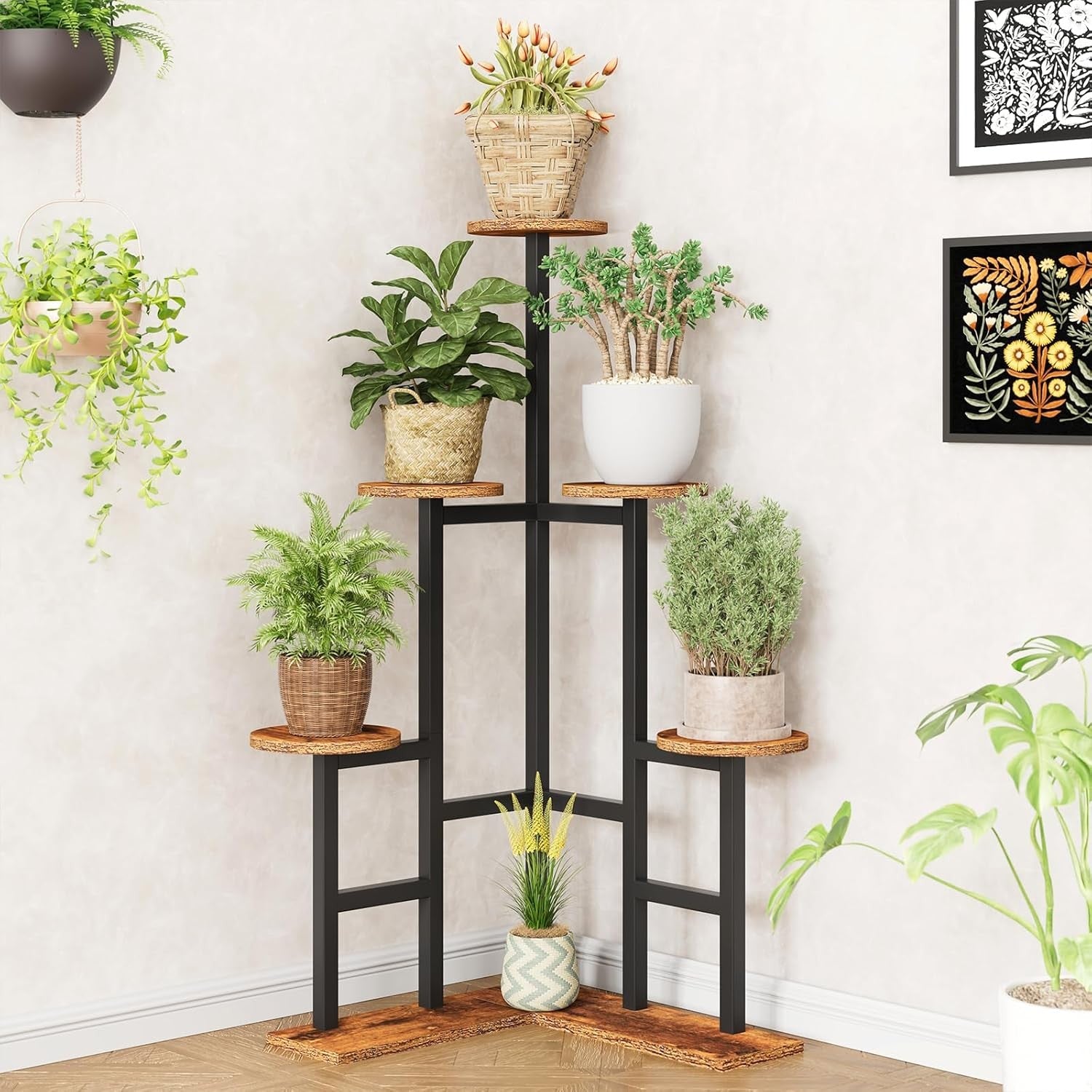 6 Tier Rustic Brown Metal Wood Plant Stand | Indoor Corner Shelf for Multiple