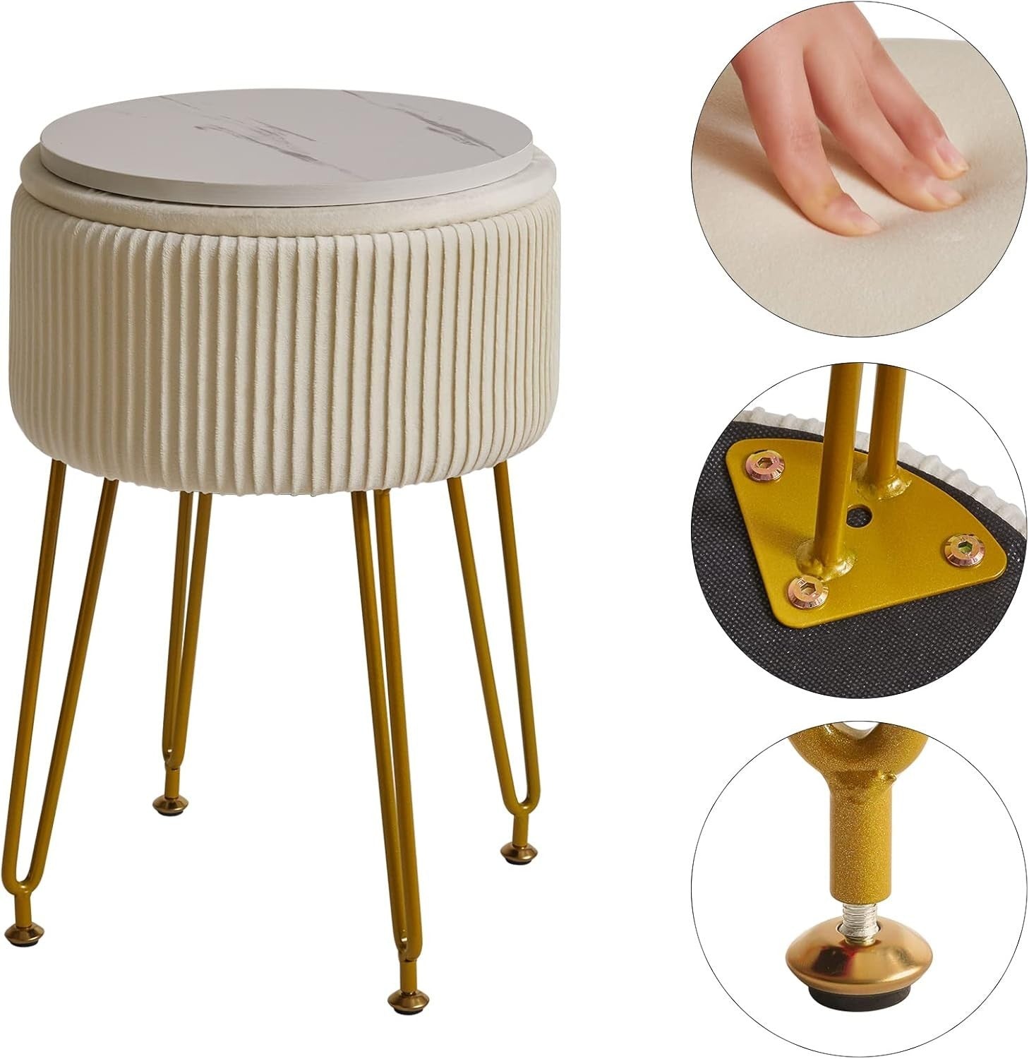 Velvet Round Storage Footrest Stool with Gold Legs – Creamy White Ottoman