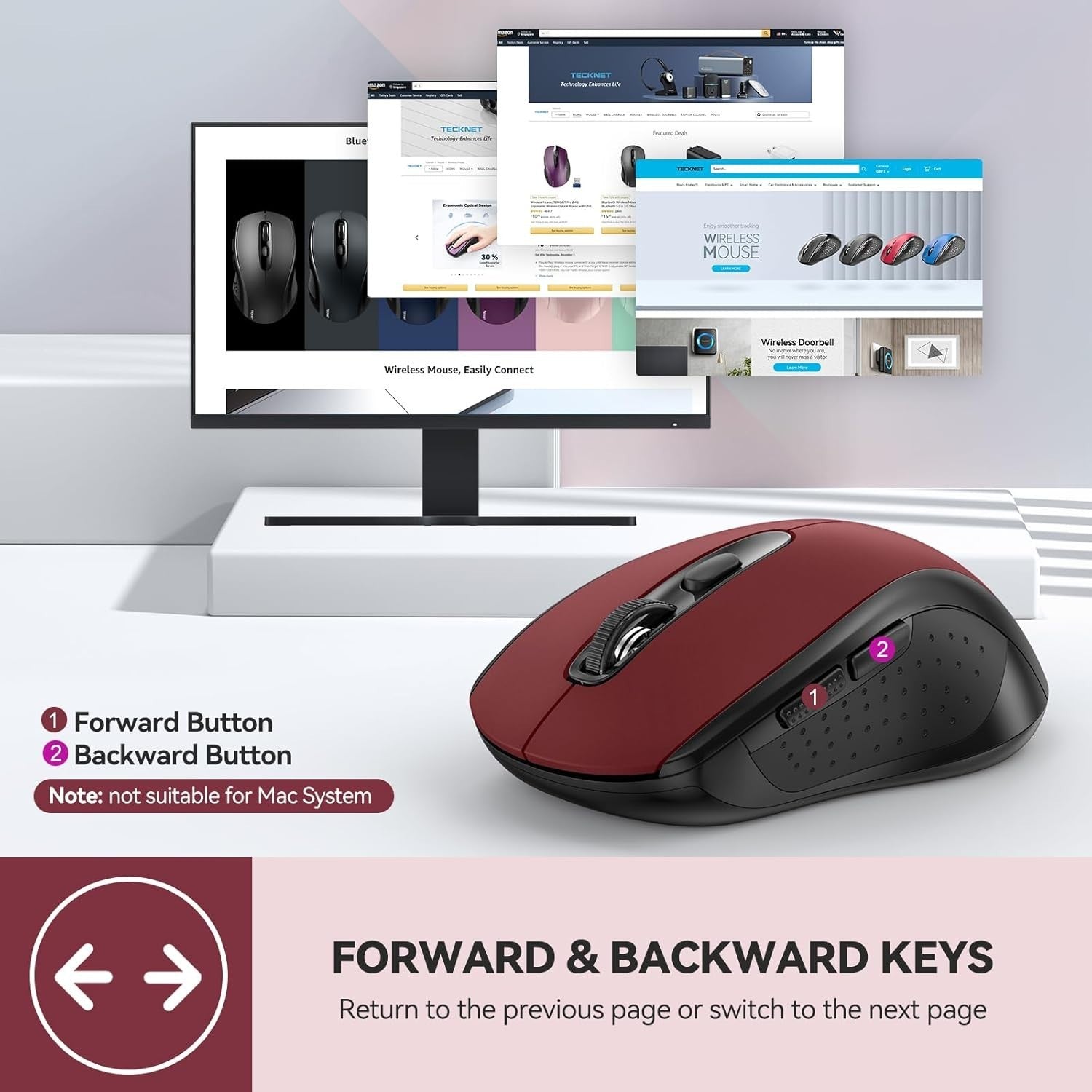 Silent Click Bluetooth Mouse 4000DPI Ergonomic Multi Device Wireless Red