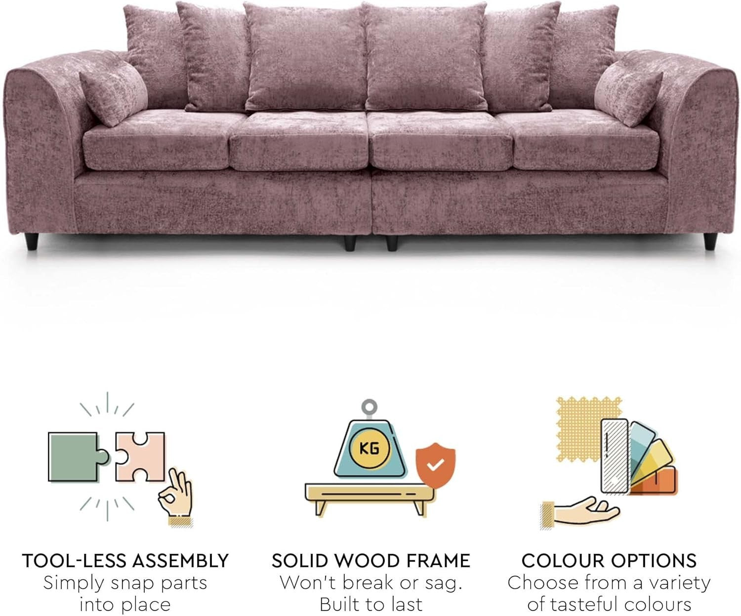 4 Seater Sofa Pink Chenille Large Couch Modern Deep Seat Living Room Seating
