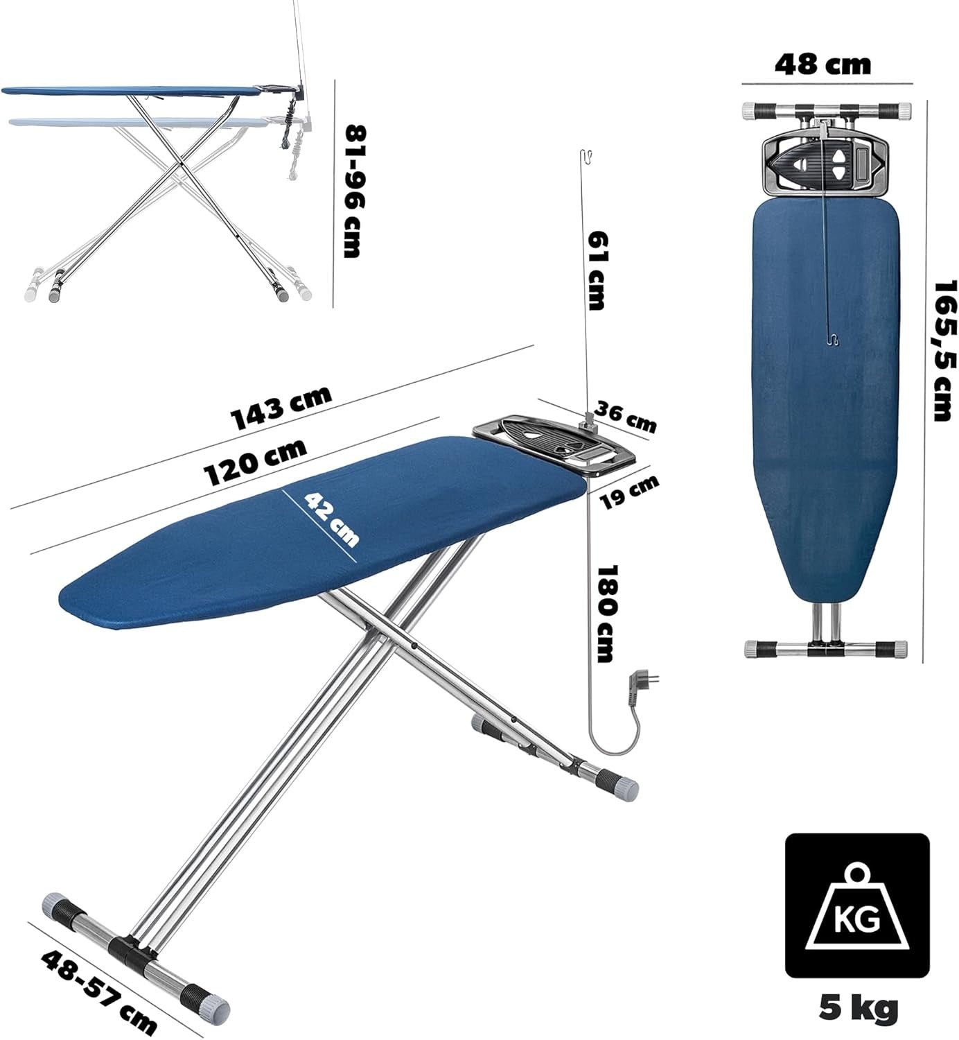 Extra Large Ironing Board 120x42cm Adjustable Height Iron Rest Cable Holder