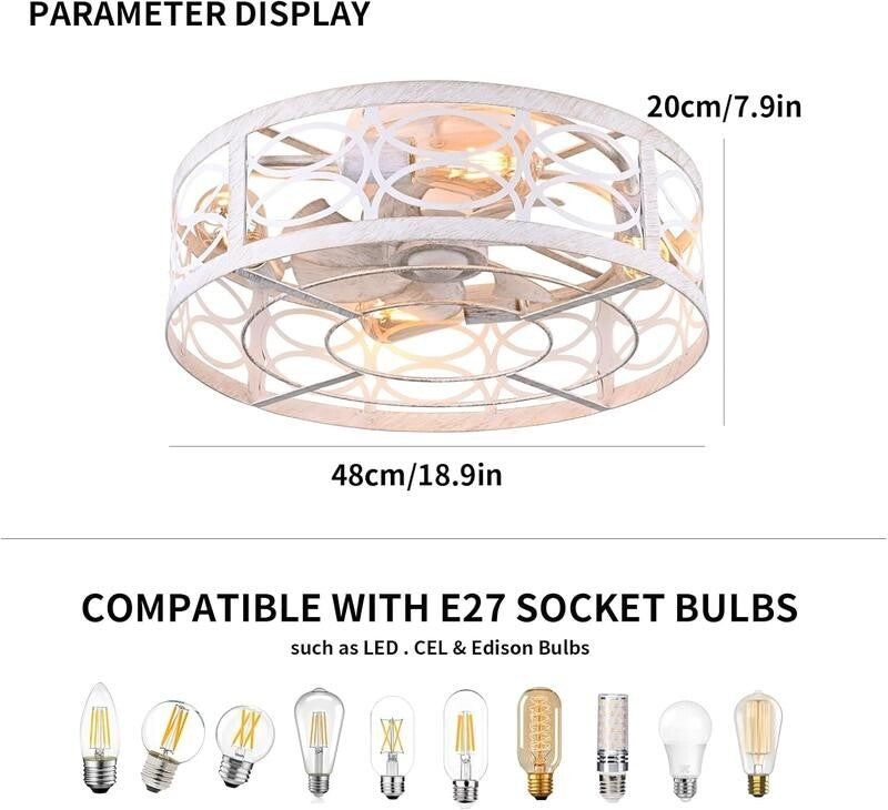 Flush Mount Ceiling Fan Light Remote App Control Quiet Indoor 6-Speed E27