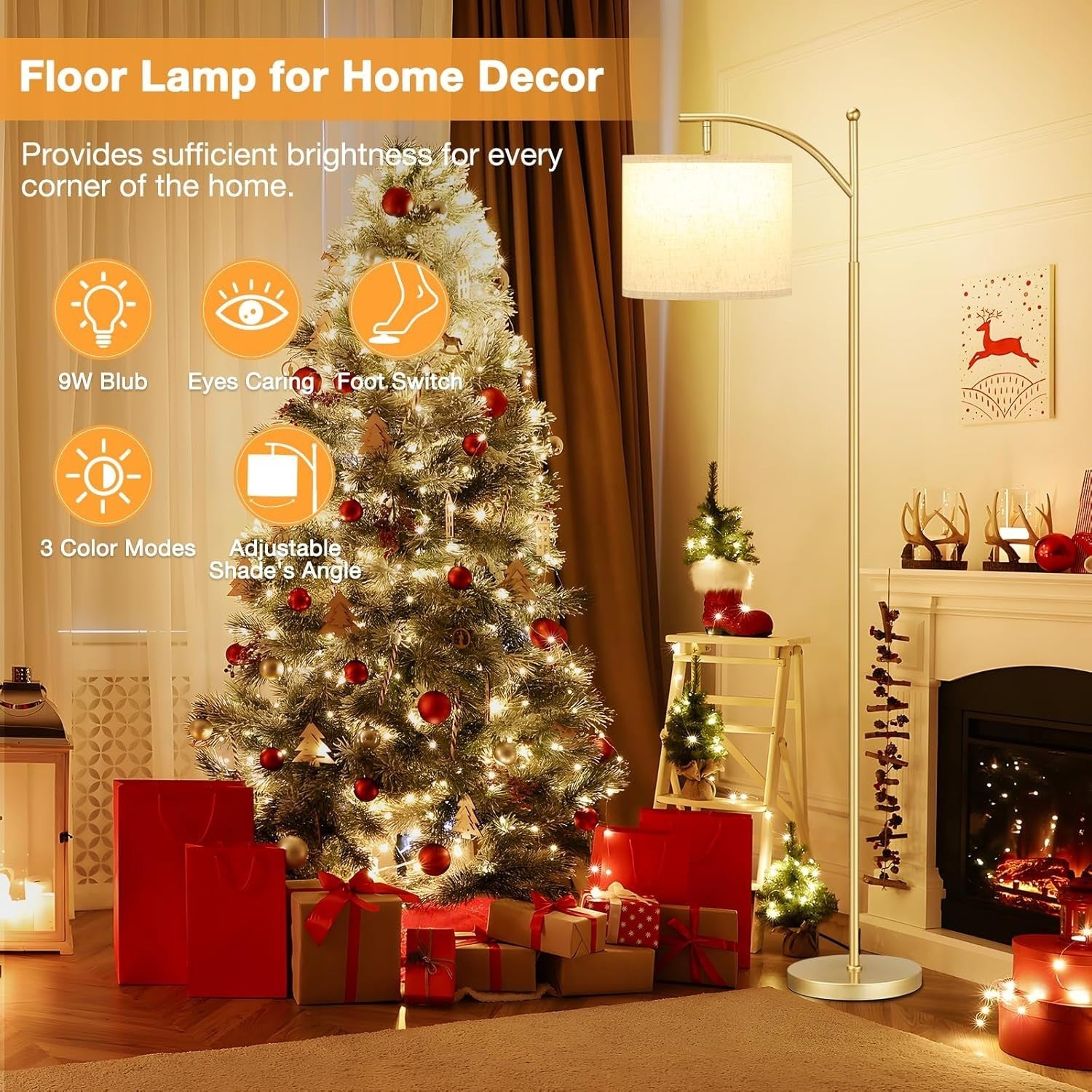 Gold Floor Lamp 60in Standing Lamp 3 Color Temperatures Adjustable Shade 9W