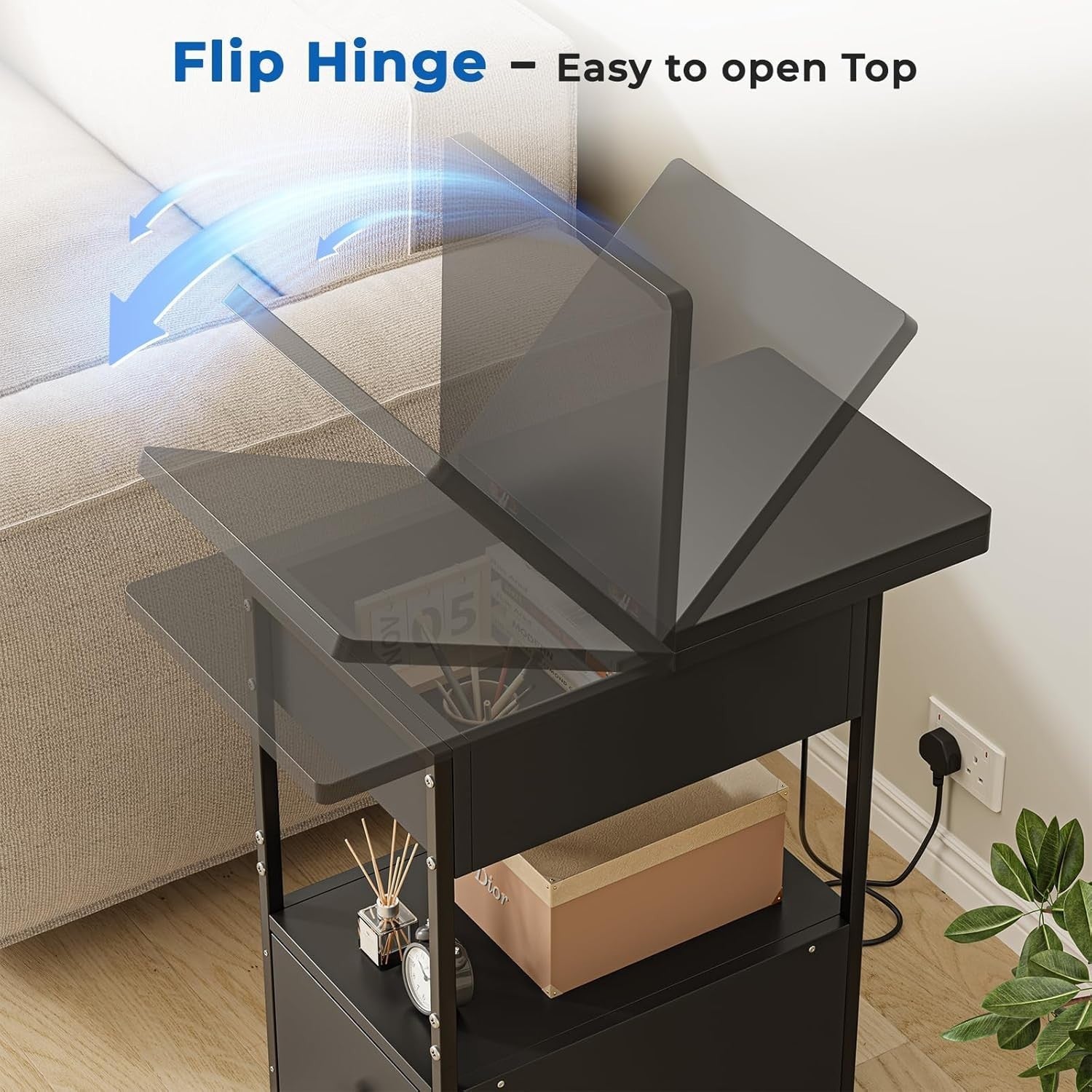 Slim Black Smart Bedside Table with LED Light, USB Charging & Drawer