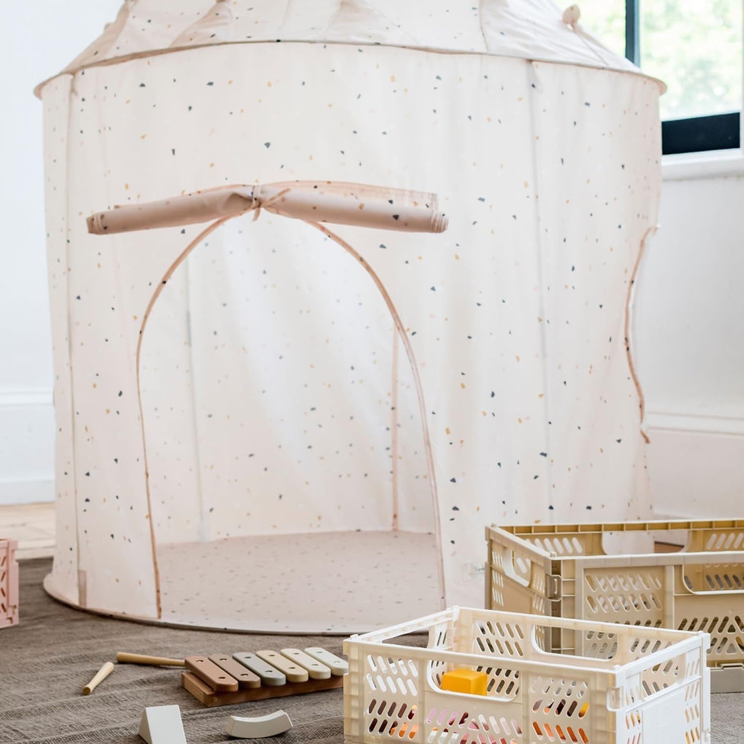 Beige Terrazzo Kids Indoor Play Tent Modern Pop Up Fort House