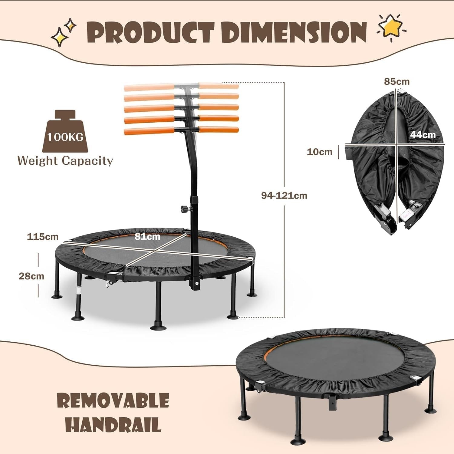 45'' Mini Trampoline with Adjustable Handle Foldable Fitness Rebounder Orange