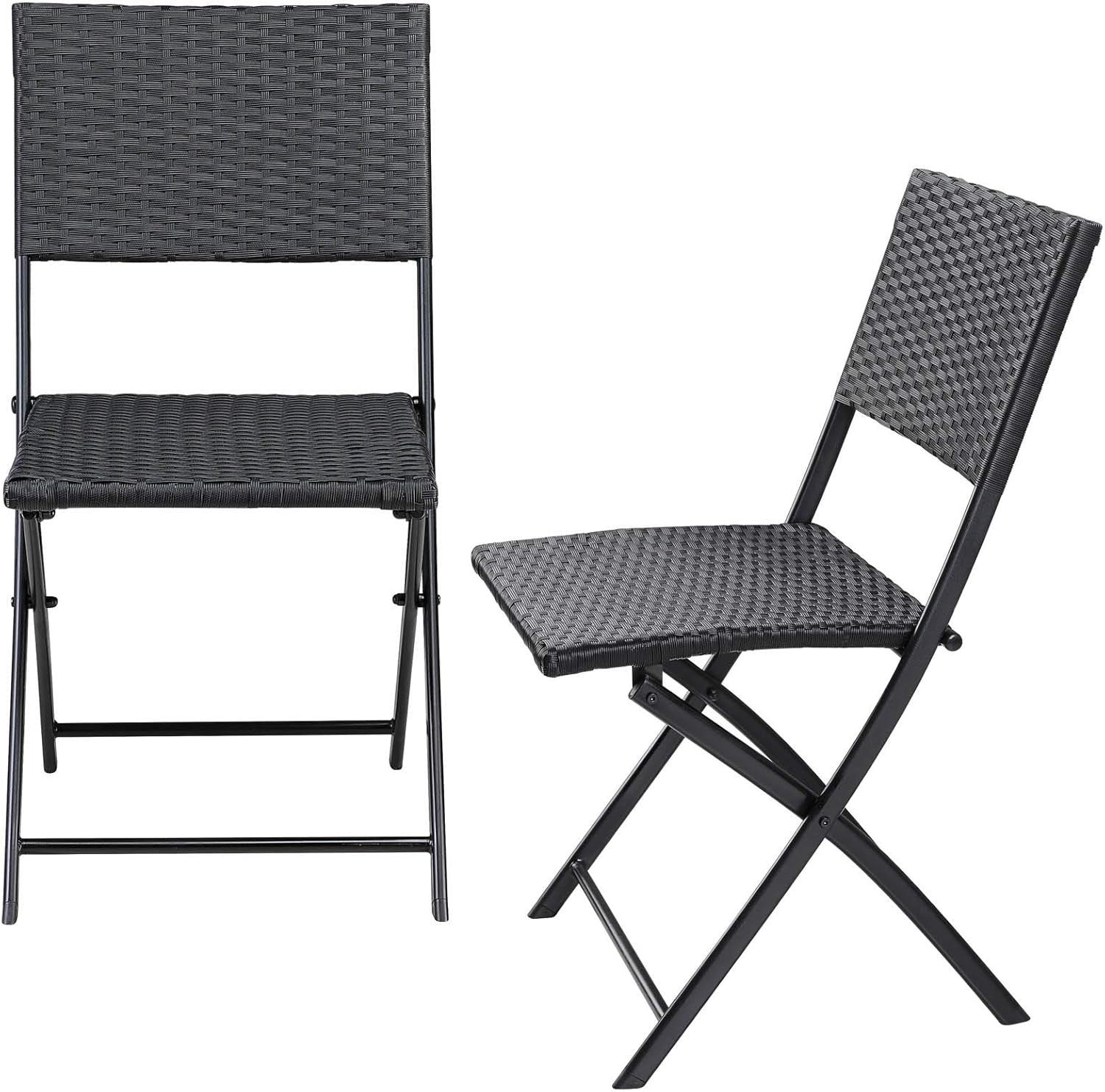 Black Folding Rattan Chairs Set of 2 Weatherproof Patio Balcony Bistro Seats