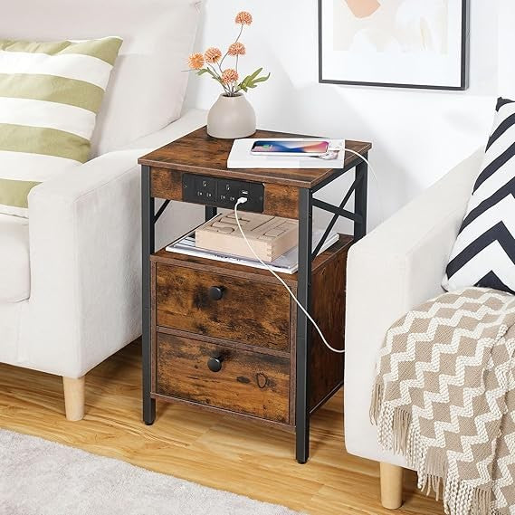 Rustic Charging Bedside Table with USB Ports, 2 Drawers, Small Space Nightstand