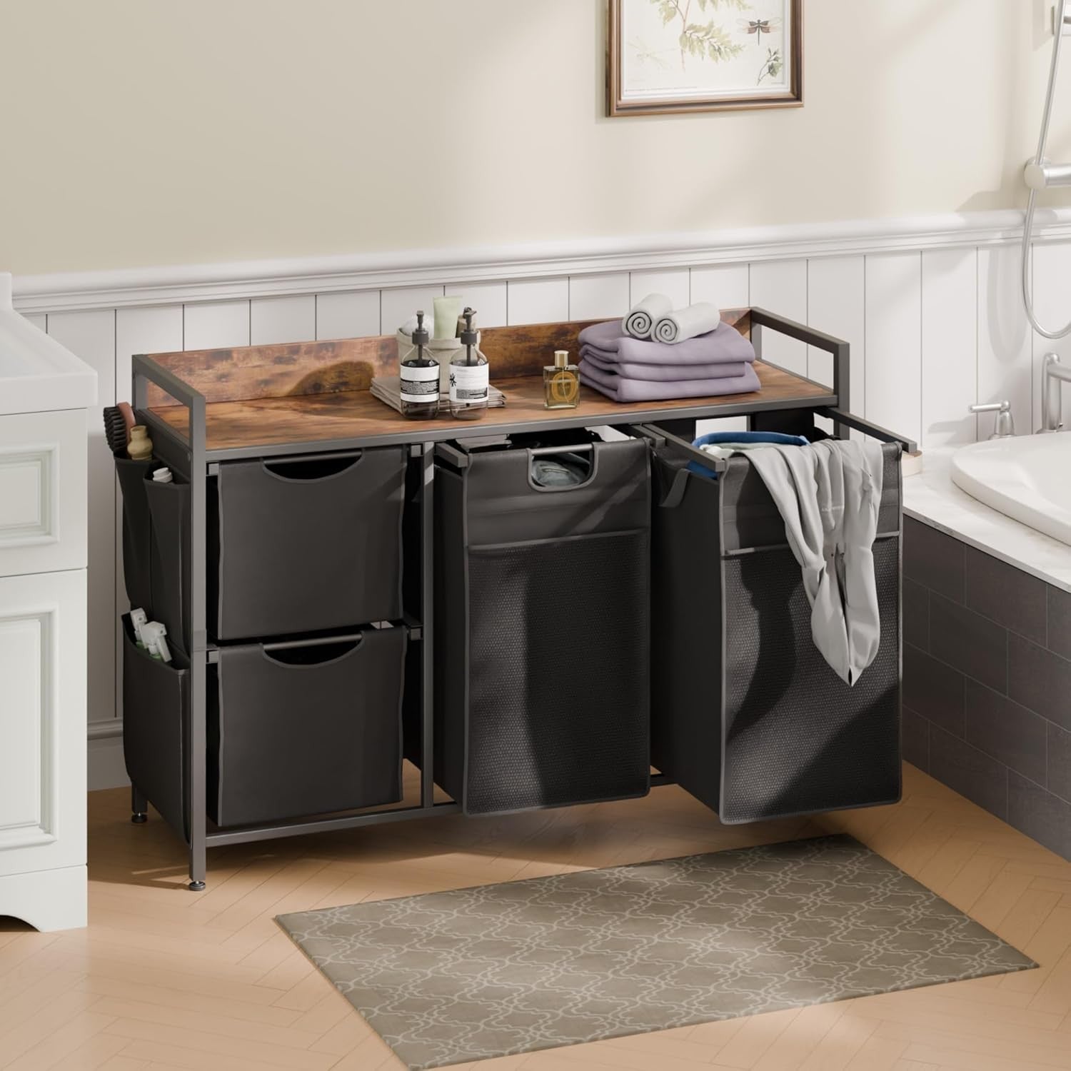 150L 4-Bag Laundry Hamper on Wheels with Rustic Top & Removable Liners