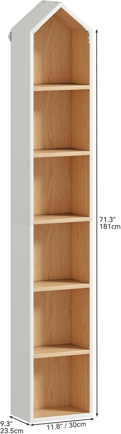 Tall Slim 6-Tier White Oak Bookcase – Space Saving Shelf Unit 181cm High