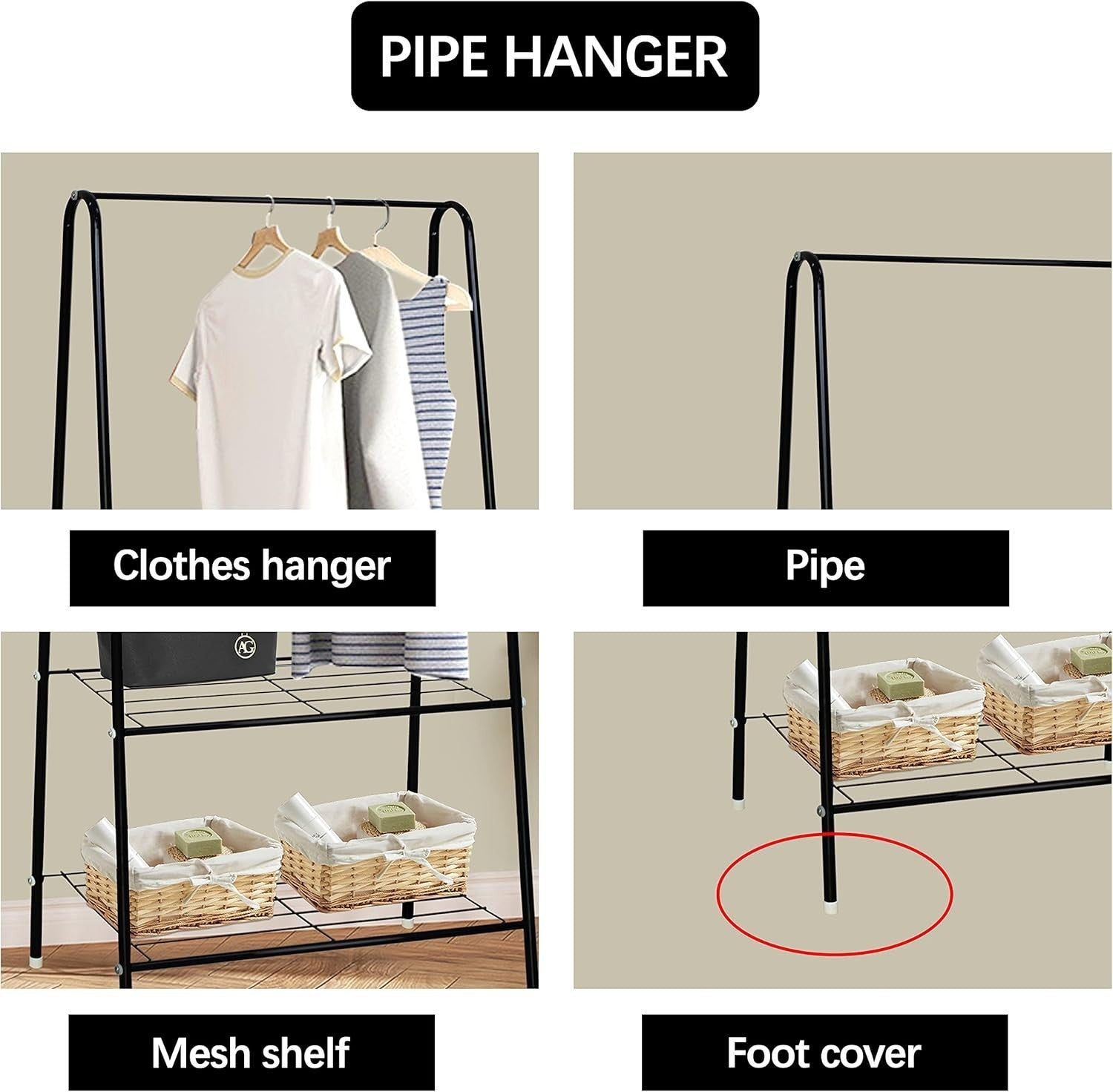 Black Clothes Rail Stand with Metal Shelf 1.5m Space Saver
