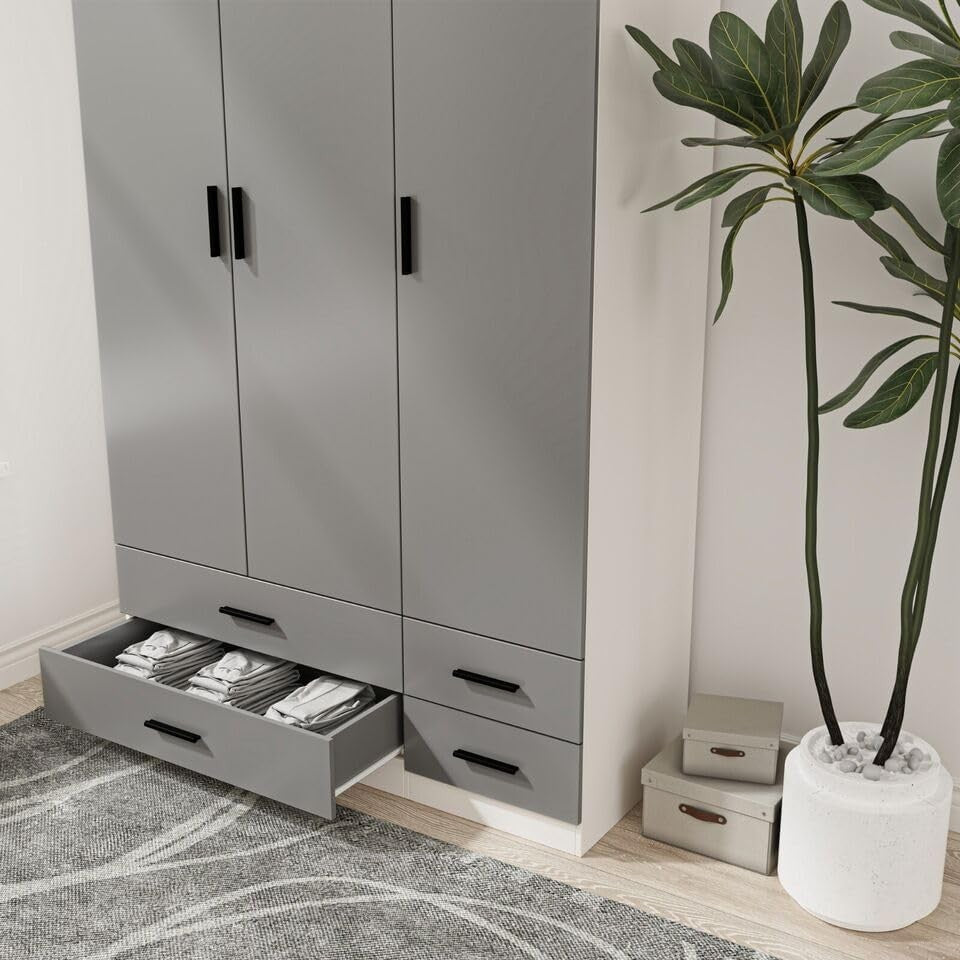 White Grey 3 Door Wardrobe with 4 Drawers Hanging Rail Bedroom Storage