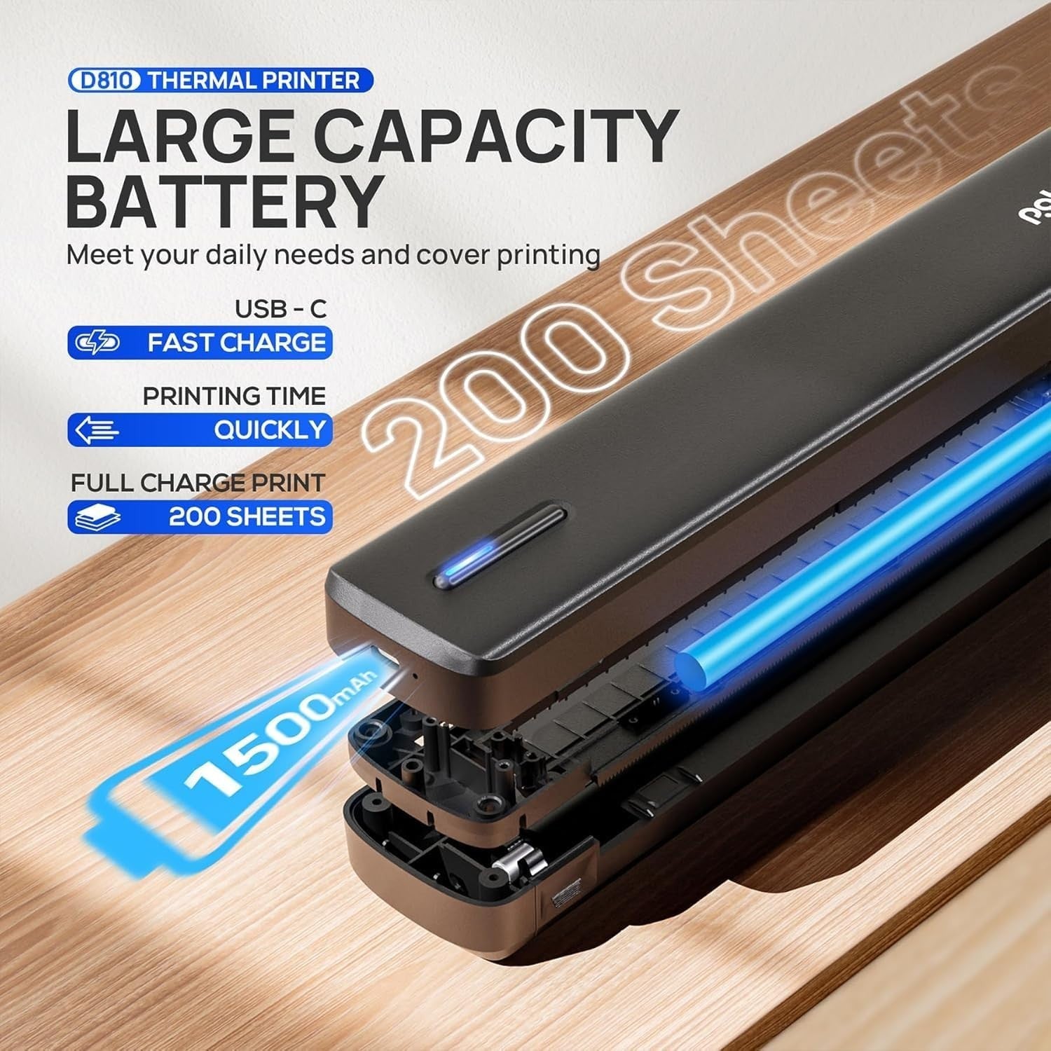 Portable A4 Wireless Thermal Printer Bluetooth Inkless Brown Travel Office