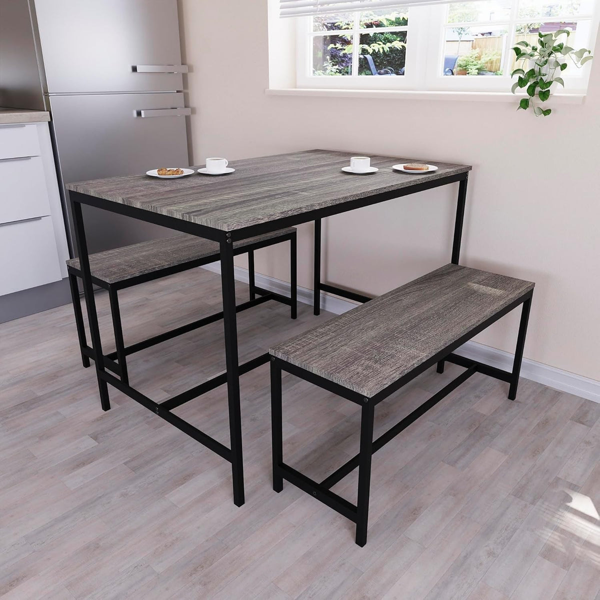 4 Seater Dining Table Set with 2 Benches - Solid Metal Frame, Modern Design