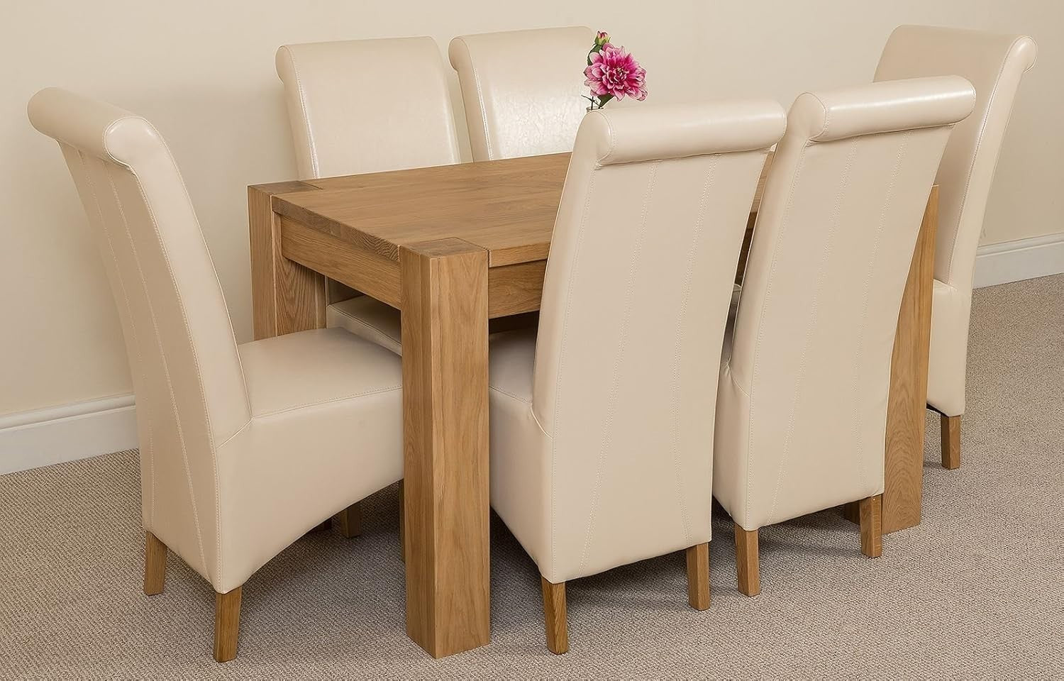125x80cm Oak Small Dining Table & 6 Ivory Leather Chairs - Compact Set