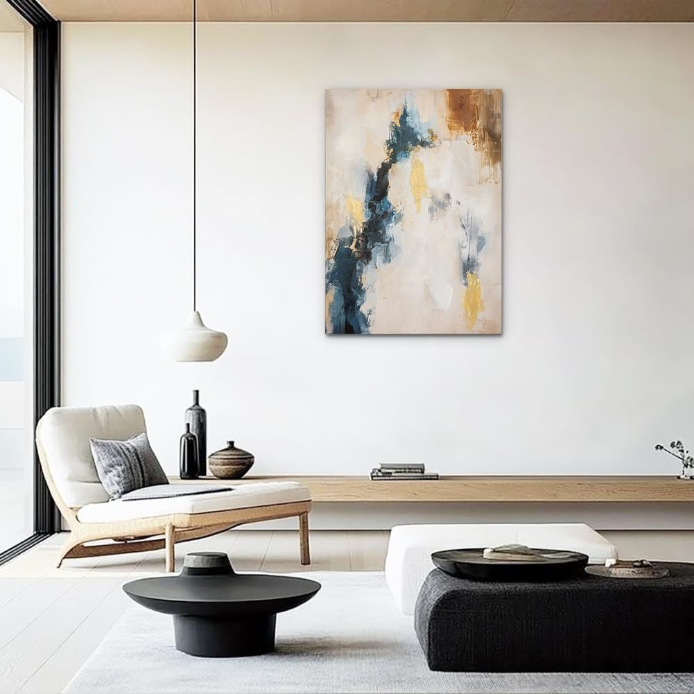 Abstract Blue Gold Canvas Wall Art 70x50cm Textured Framed
