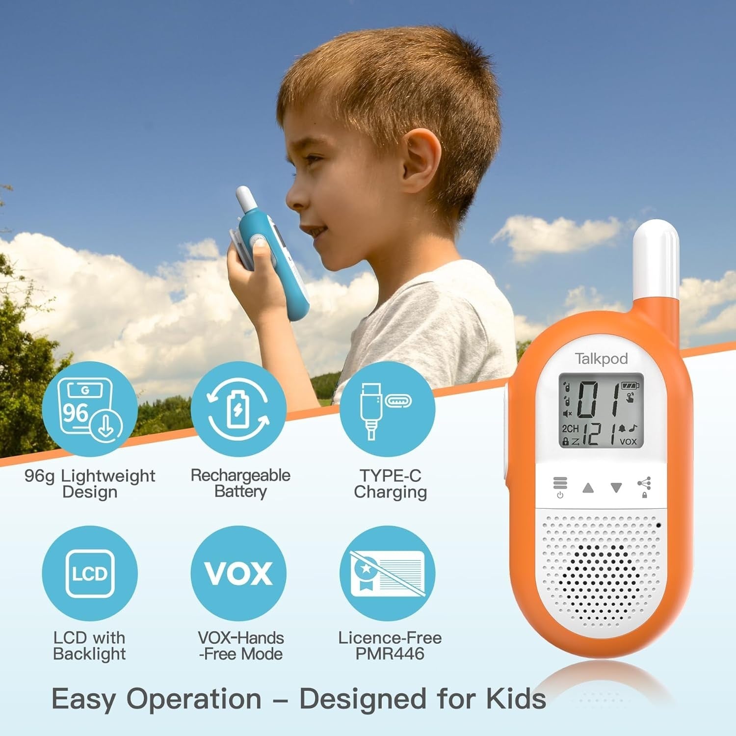 Rechargeable Walkie Talkies PMR446 16 Channel VOX Long Range Blue Orange