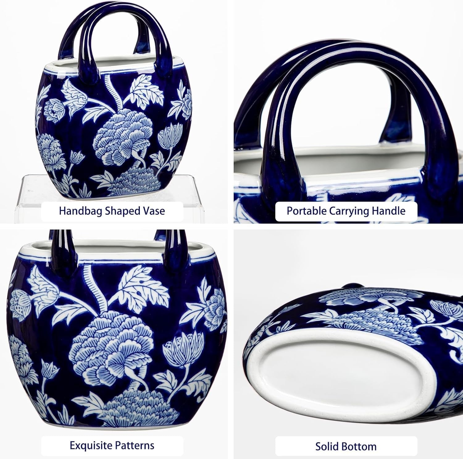 Blue White Ceramic Flower Vase Handbag Style Chinoiserie Table Decor 23cm