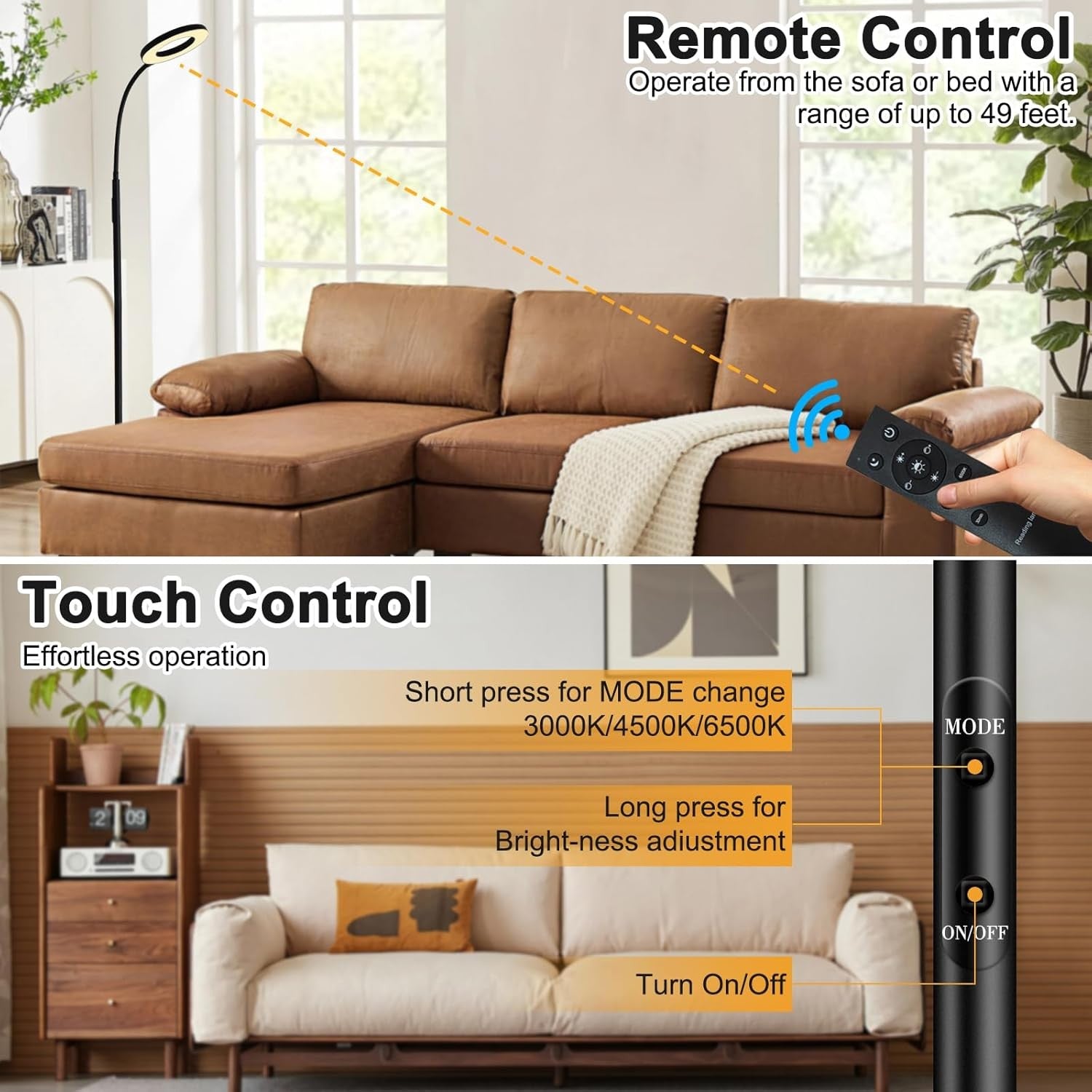 LED Reading Floor Lamp Remote Touch Dimmable Gooseneck Modern Ring Light
