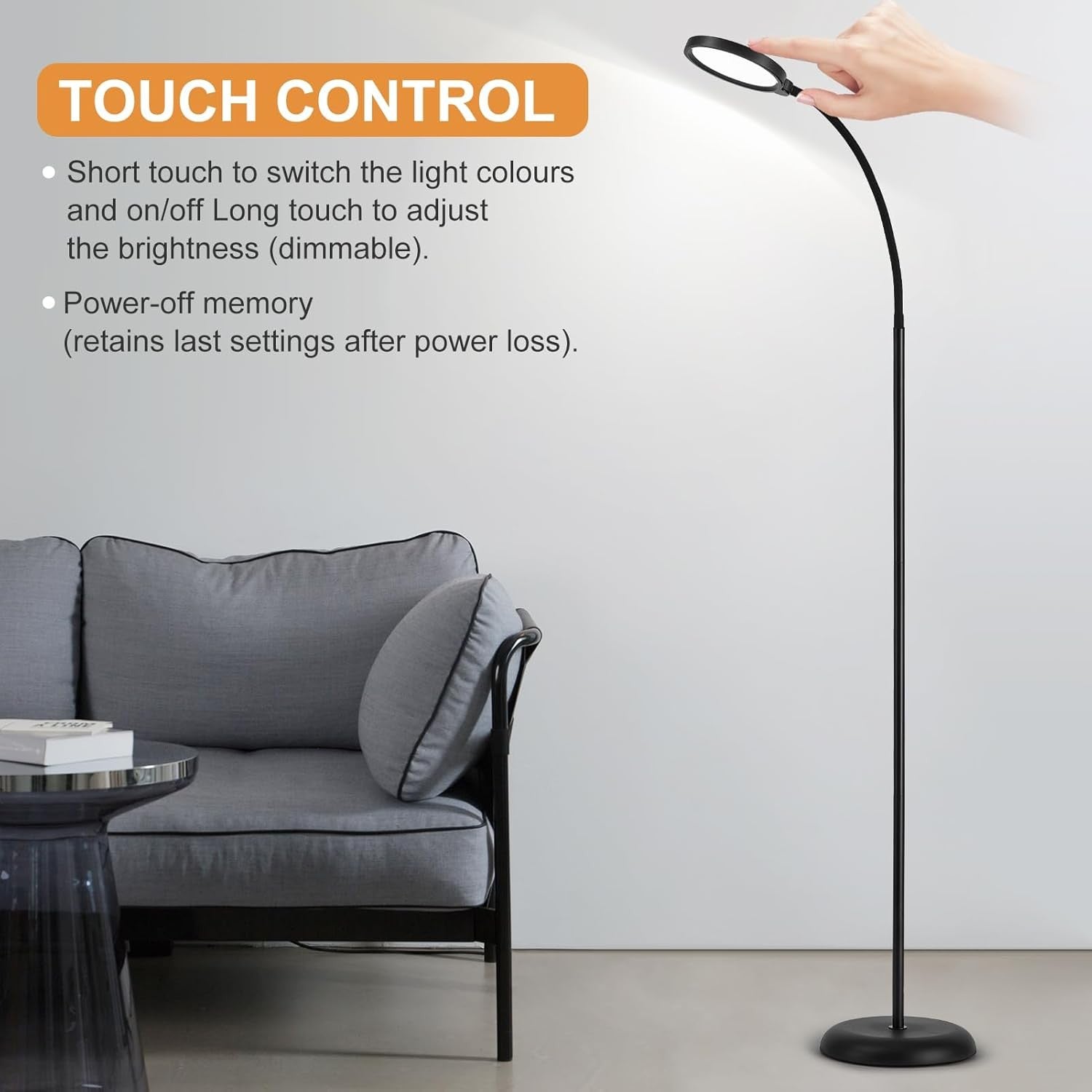 LED Floor Lamp Touch Dimmable Gooseneck Reading Light 3 Colour Modern Stand