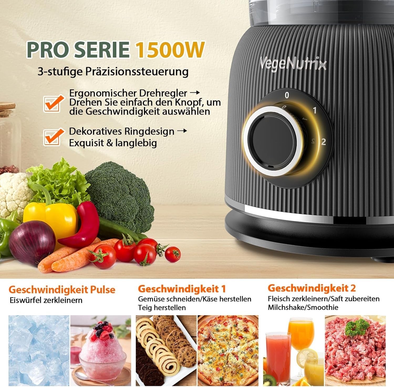 1500W Food Processor Blender Combo 2.5L Chopper 2L Glass Jug