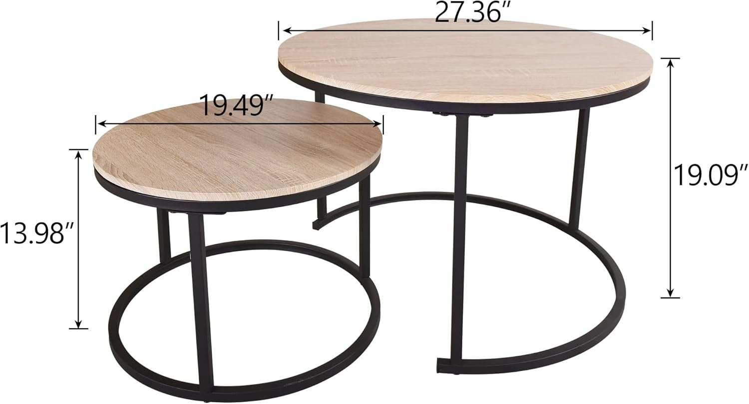 Natural Oak Industrial Coffee Table Set Round Metal Frame Nesting Side End Table