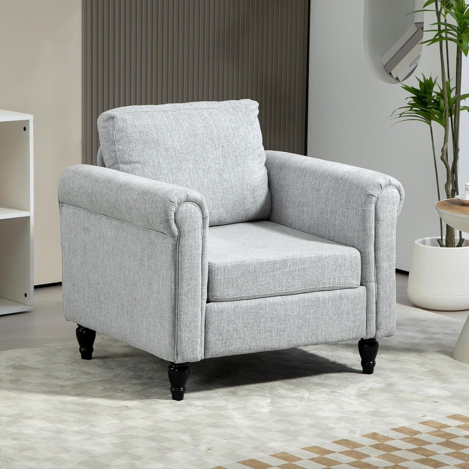 Grey Upholstered Accent Armchair with Back Pillow & Rubber Wood Legs