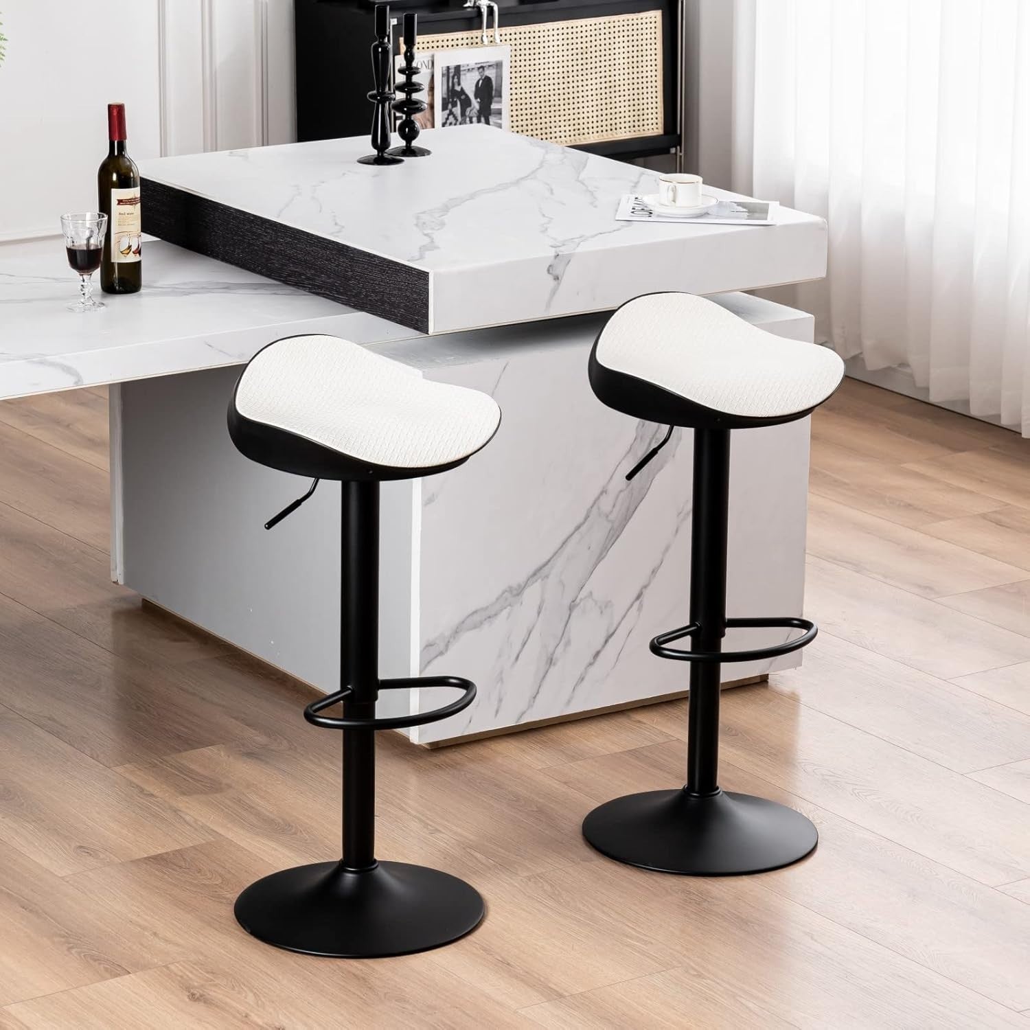 White PU Leather Woven Swivel Bar Stools Set of 2 Height Adjustable Counter