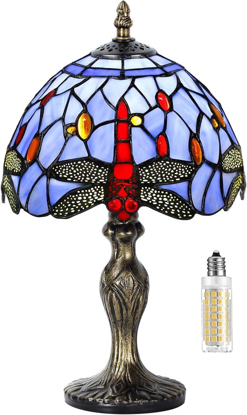 Stained Glass Table Lamp Blue Dragonfly Night Light for Bedroom Office