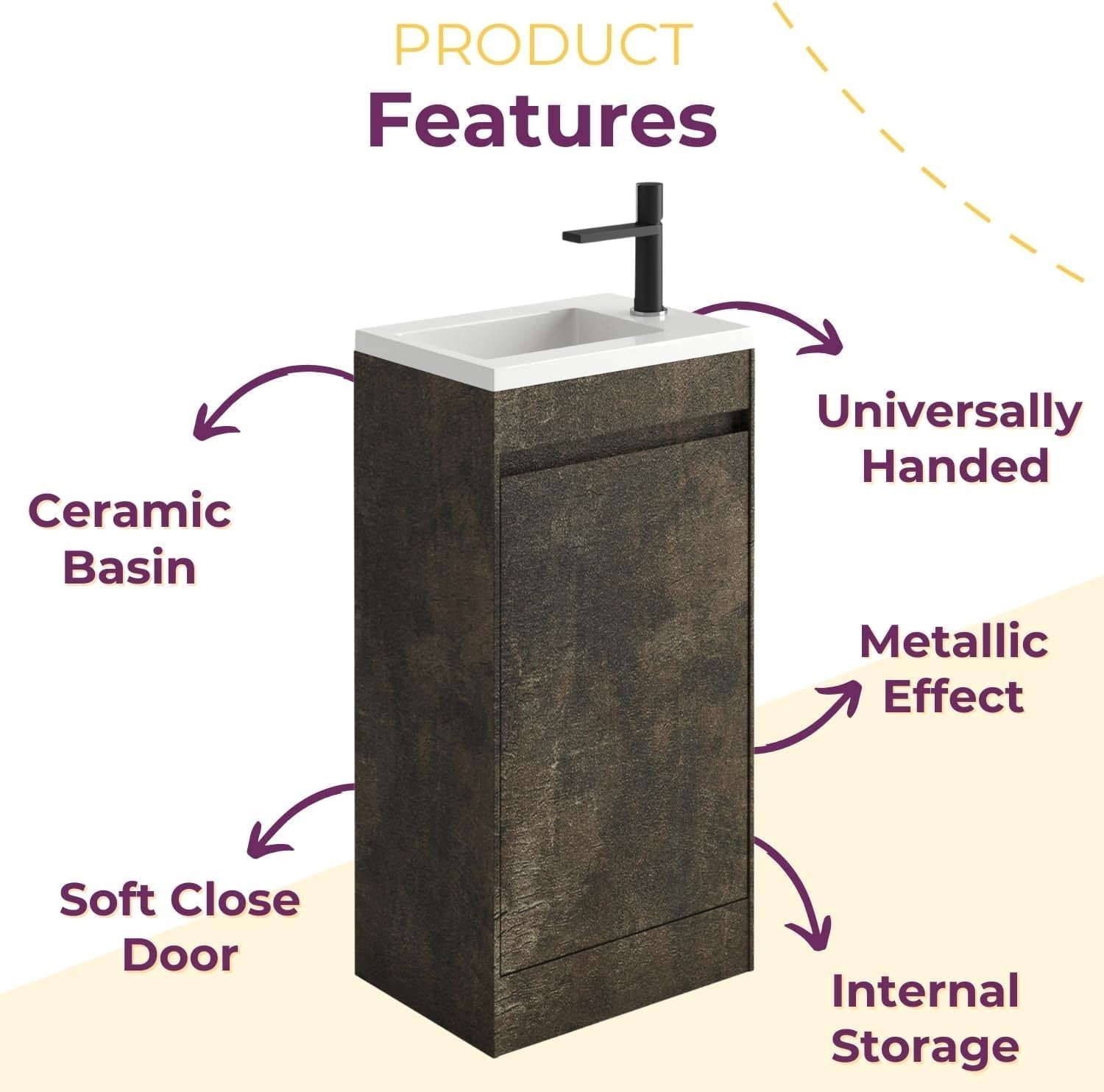 440mm Brown Floor Standing Vanity Unit with Polymarble Basin & Soft Close Door