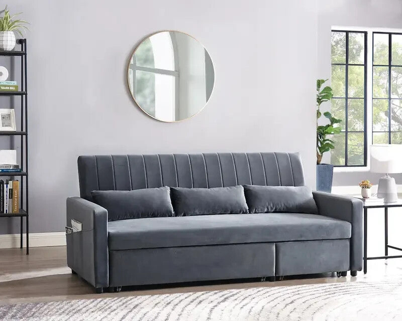 Grey Velvet 3 Seater Sofa Bed Pull-Out Chaise Storage Guest Sleeper Couch