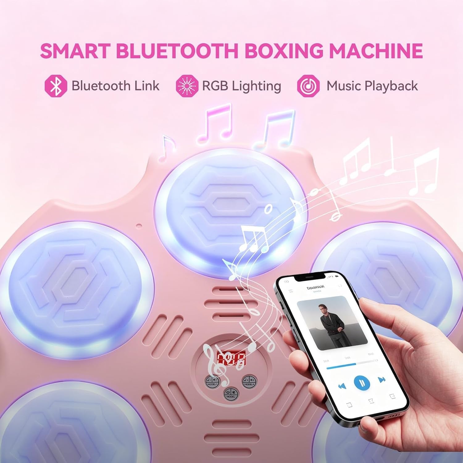 Pink Music Boxing Machine LED Wall Punch Trainer with Gloves for Home Fitness