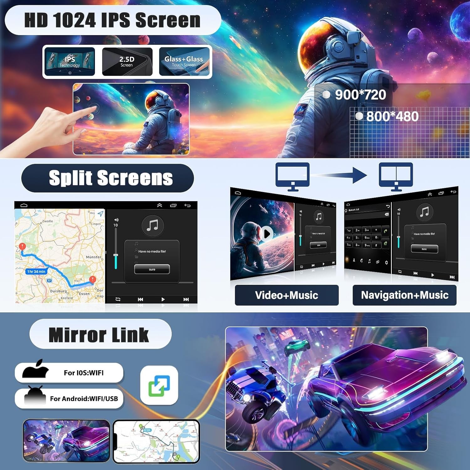 10" Double DIN Car Stereo GPS Bluetooth Mirror Link Camera