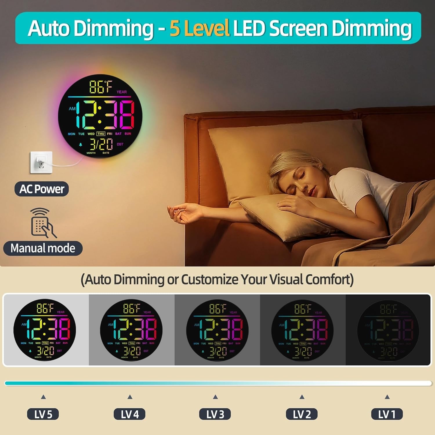 Black 10″ RGB Digital Wall Clock LED Large Display Remote Temperature