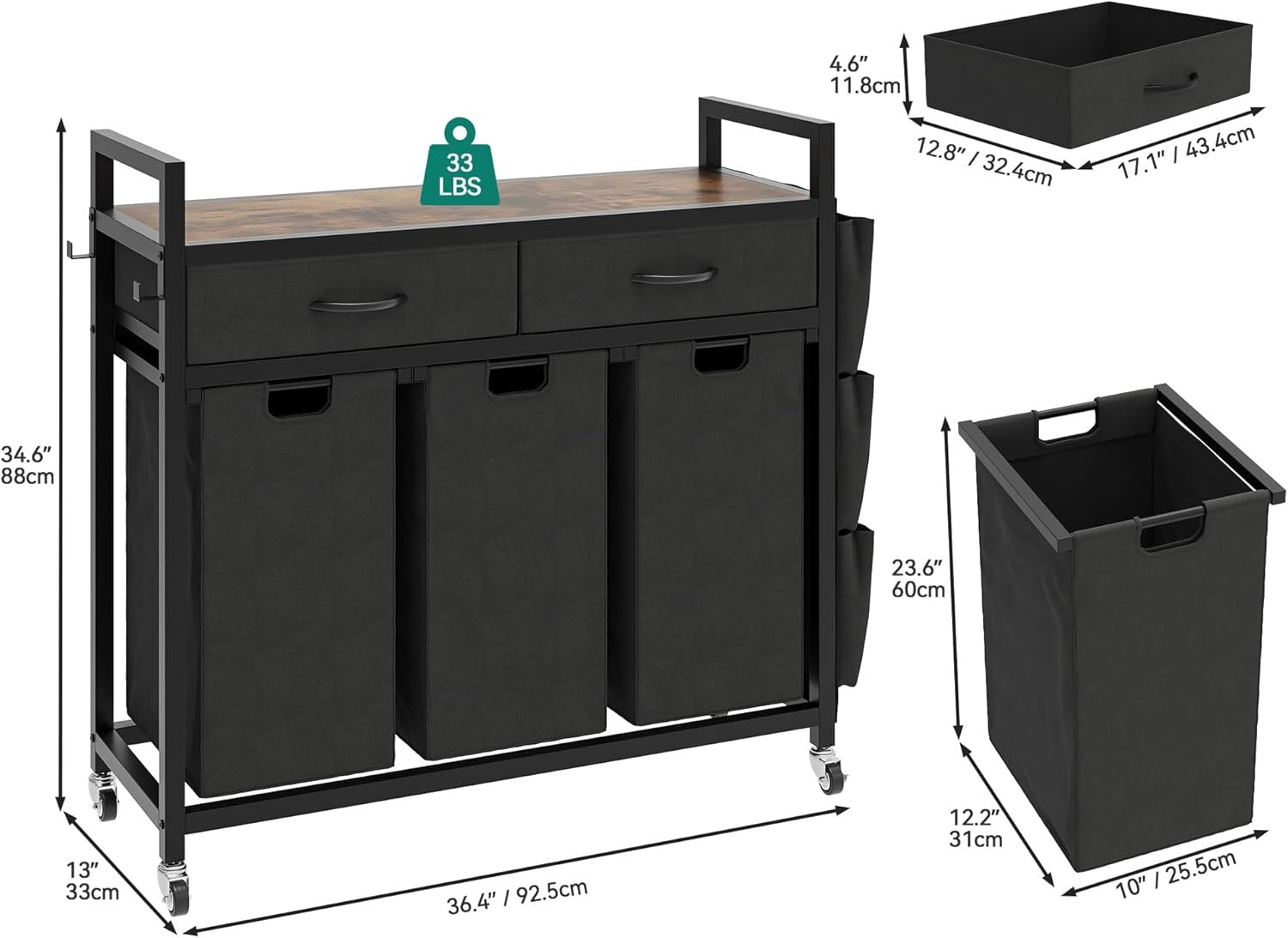 4-Compartment Laundry Sorter on Wheels with Shelf & 2 Drawers | 3 Removable Bags
