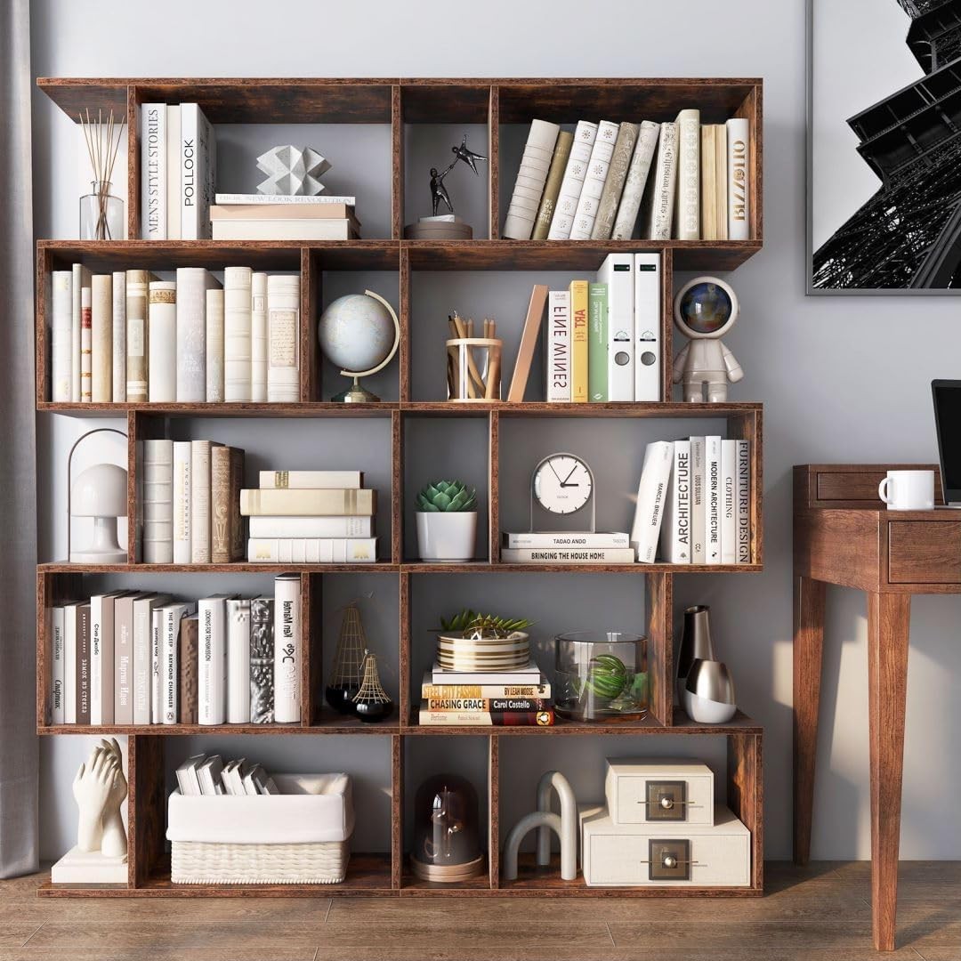 Rustic Brown S-Shaped 5/6 Tier Bookcase Modern Display Shelf Freestanding Unit