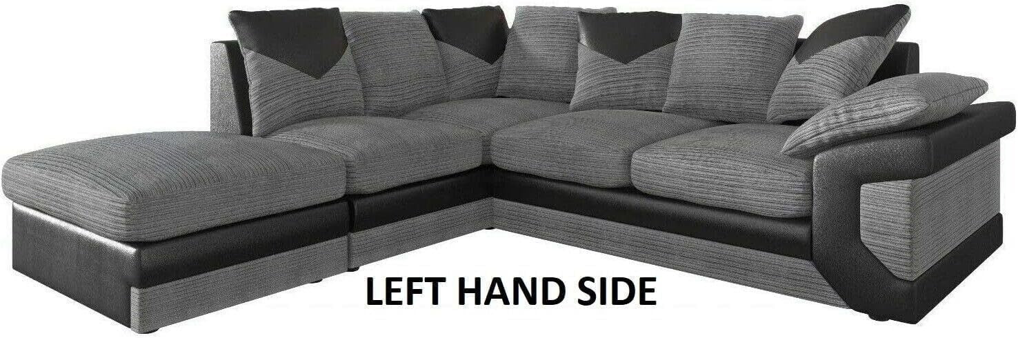 L Shaped Corner Sofa Grey Black – 5 Seater Jumbo Cord Scatter Back Couch
