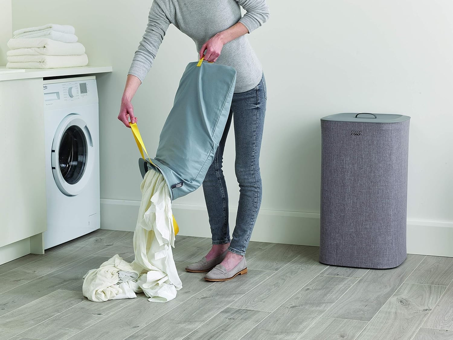 60L Dual Laundry Basket with Lid Removable Washing Bags Modern Grey Fabric