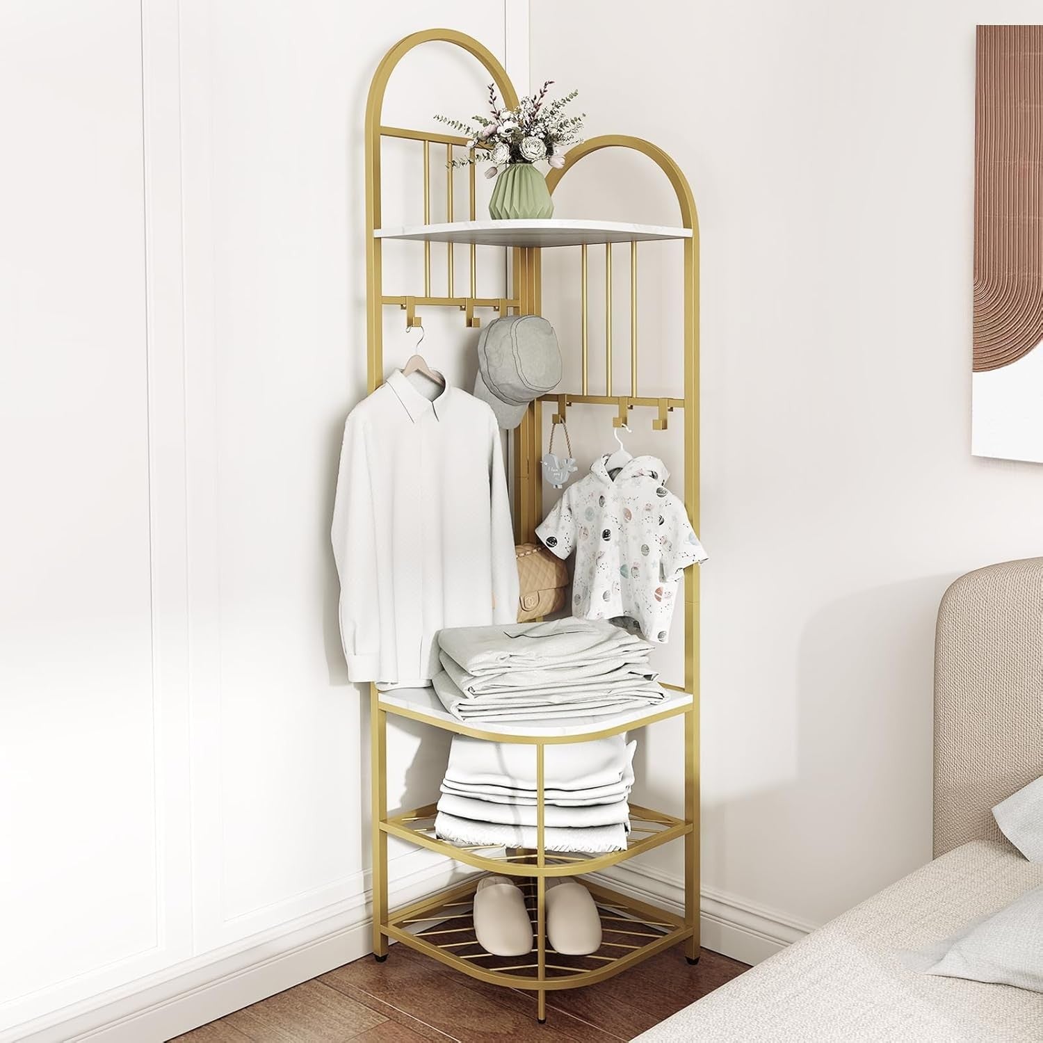 White Gold Corner Coat Rack 4-Tier Hall Tree with Shoe Bench & 6 Hooks