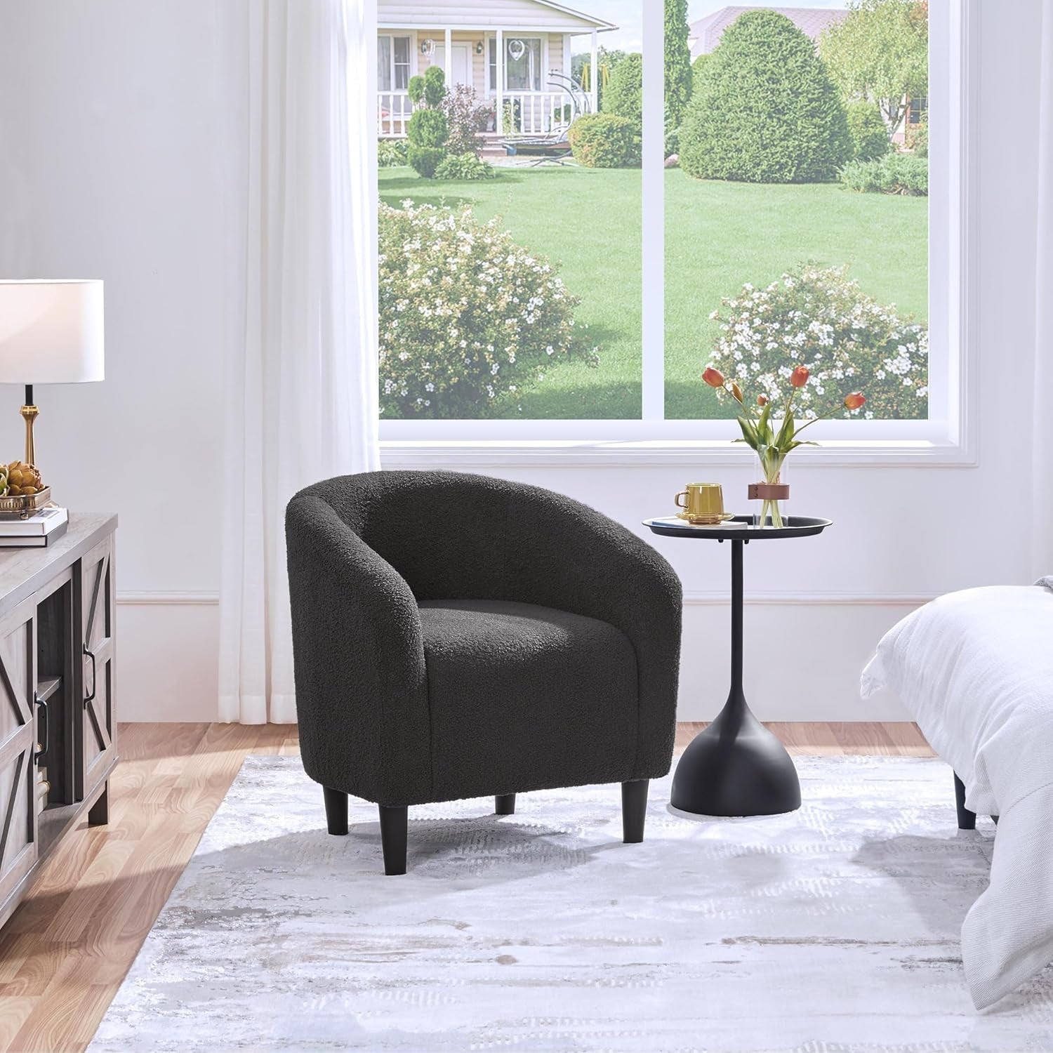 Boucle Tub Chair Dark Grey Accent Barrel Armchair Living Room