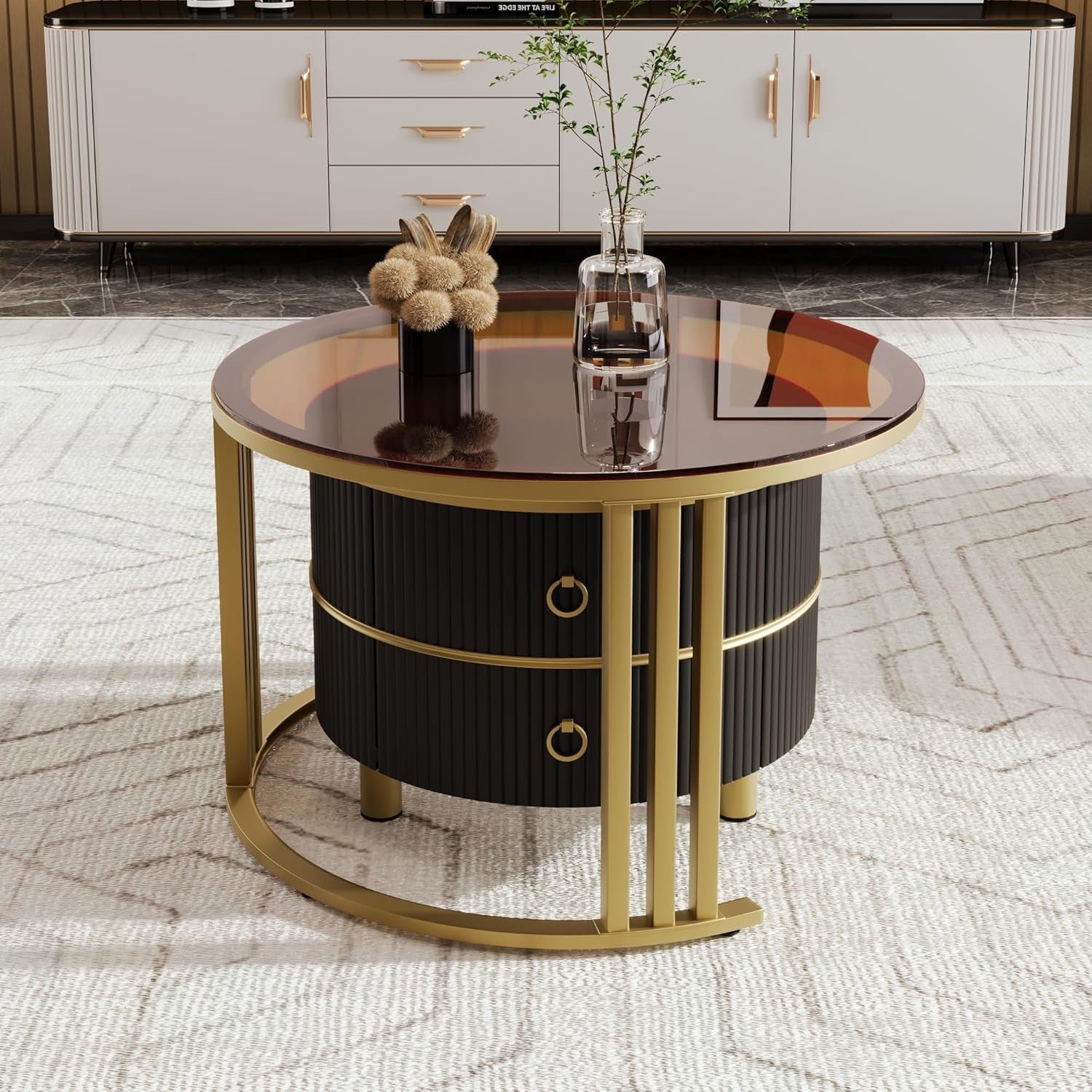 Round Nesting Coffee Tables Set with 2 Drawers, Brown Glass, Space-Saving