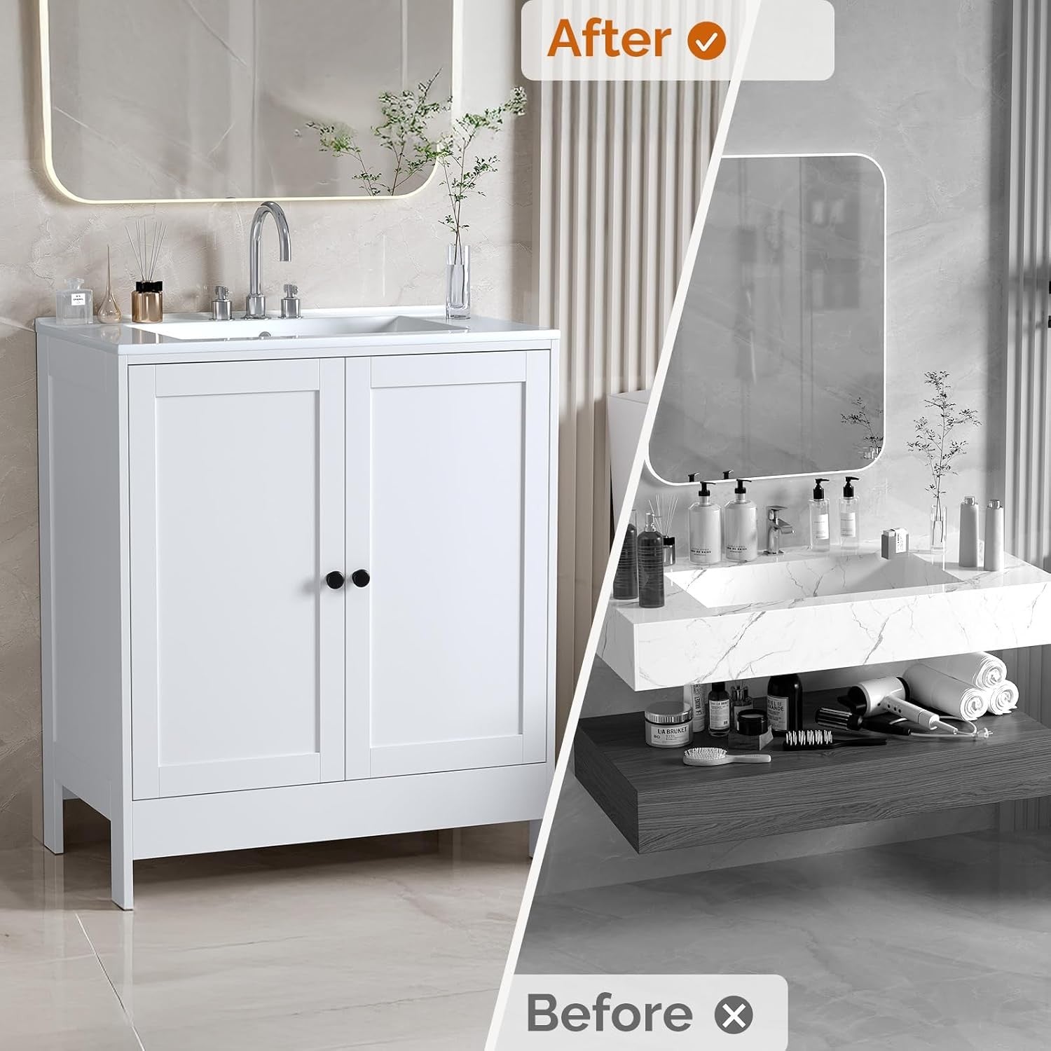 Large White Under Sink Bathroom Cabinet | 61x45x85cm Wooden Storage Unit