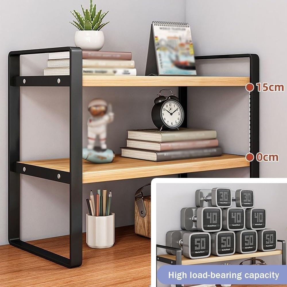 2-Tier Desktop Bookshelf Organizer | White Wood & Metal Desk Storage Rack 40cm