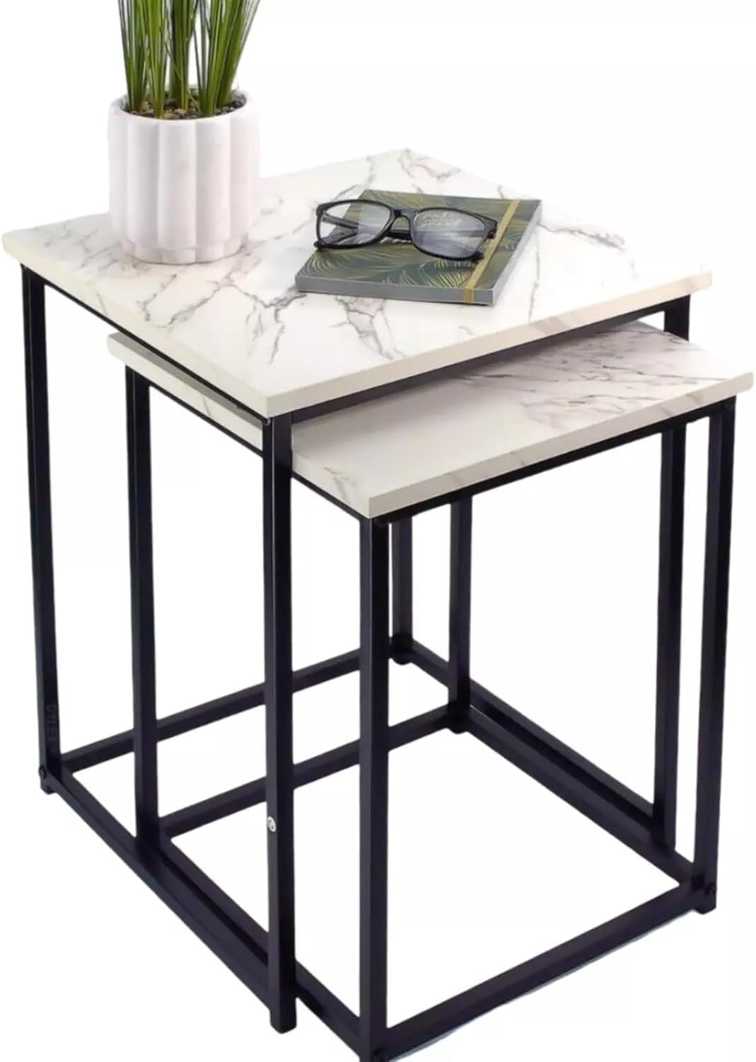 Nesting Coffee Side End Tables Set of 2 Black Marble Effect Metal Frame NEW