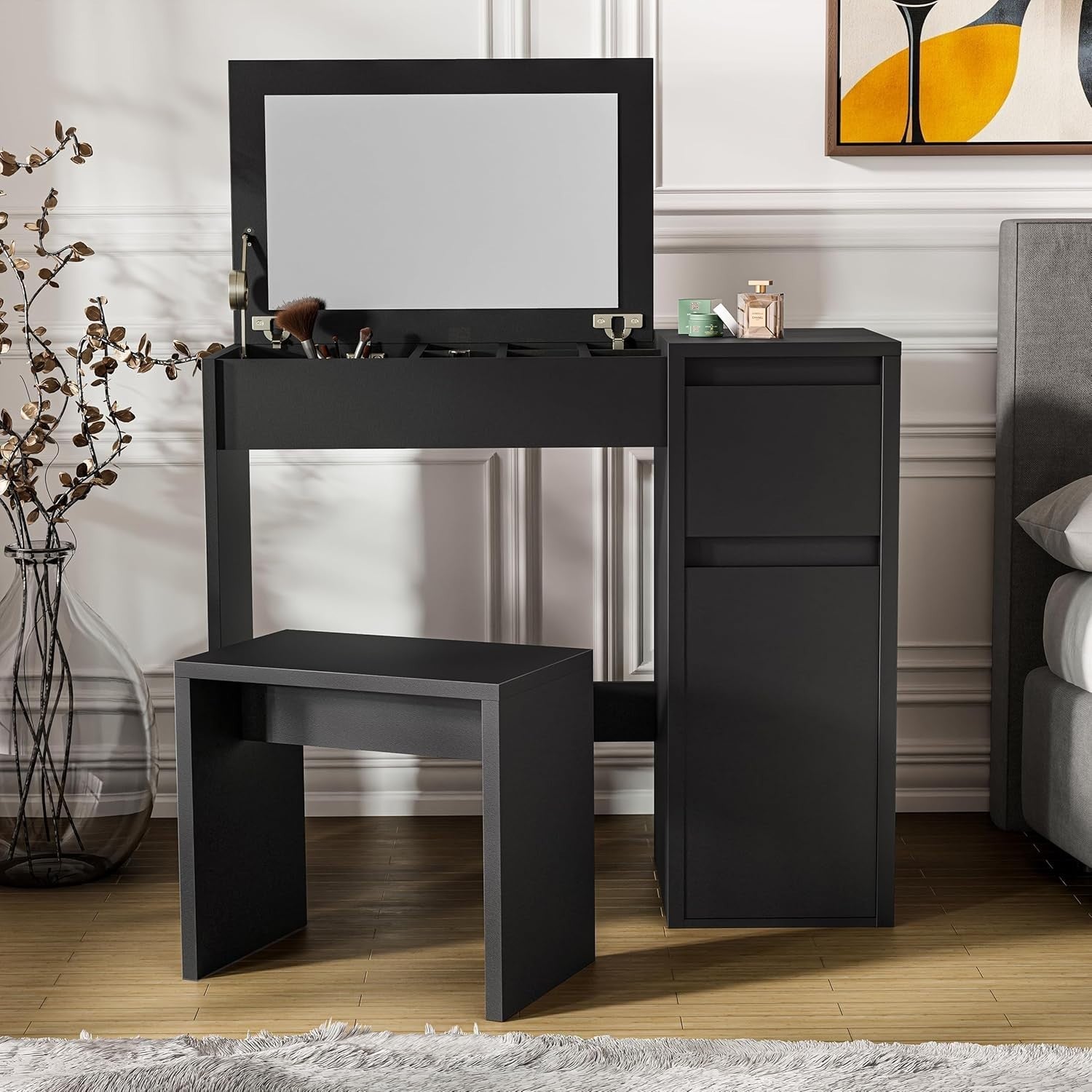 2-in-1 Black Dressing Table Flip Top Mirror Vanity Desk Makeup Storage 81cm