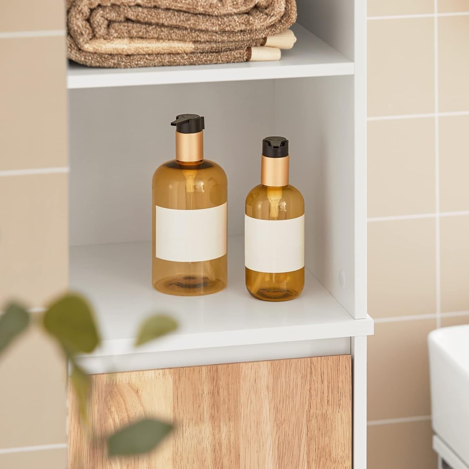Tall Bathroom Storage Cabinet with Fold-Out Laundry Basket White 31×32×170cm